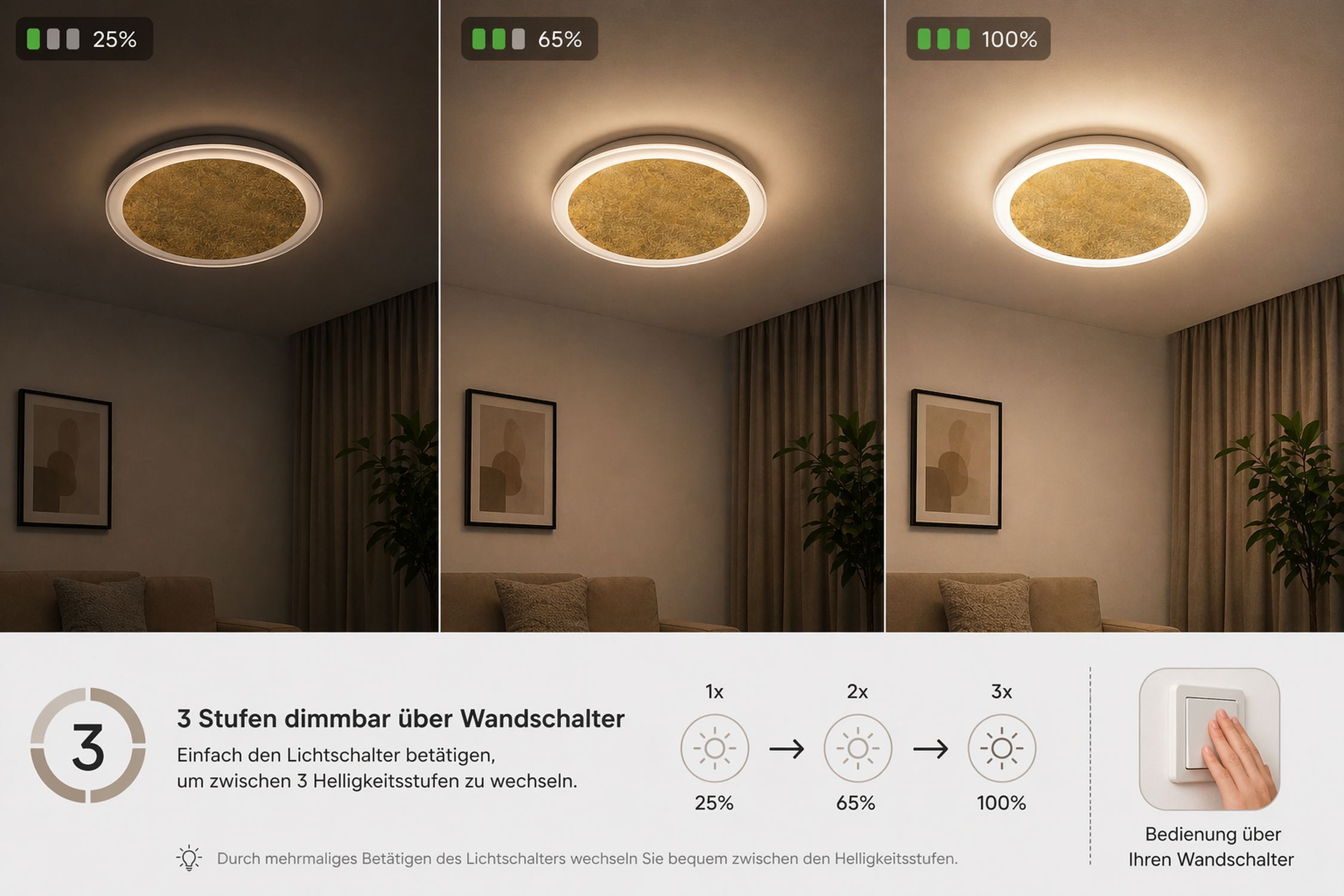 LED Deckenlampe Gold Ø40 cm 3500 K 3 Stufen dimmbar deckenleuchte, deckenlampe, runde lampe, wohnzimmer, innenraum lighting
