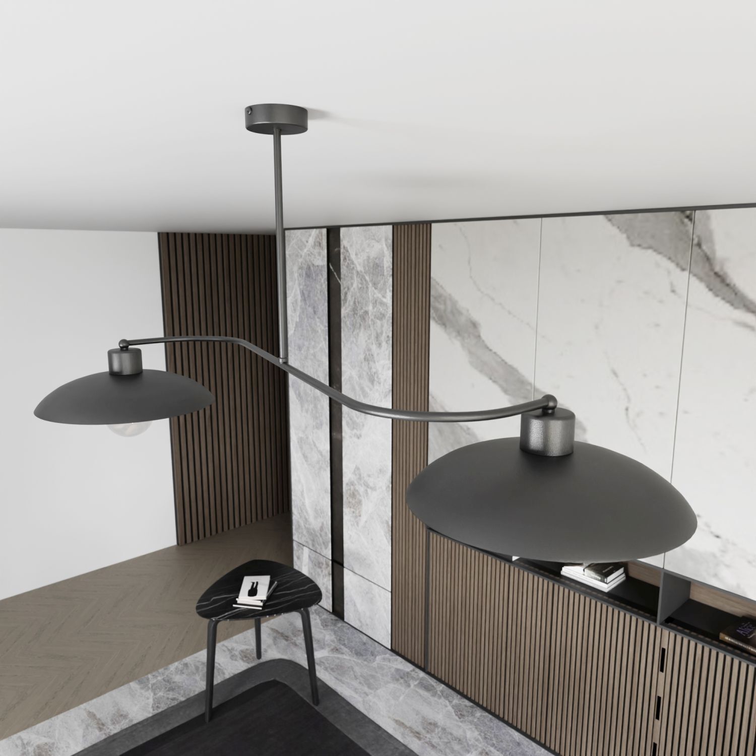 Deckenleuchte 2-flammig Schwarz Metall E27 L:100 cm Deckenleuchte, Pendelleuchte, dunkelgrau, Metall, großer Lampenschirm