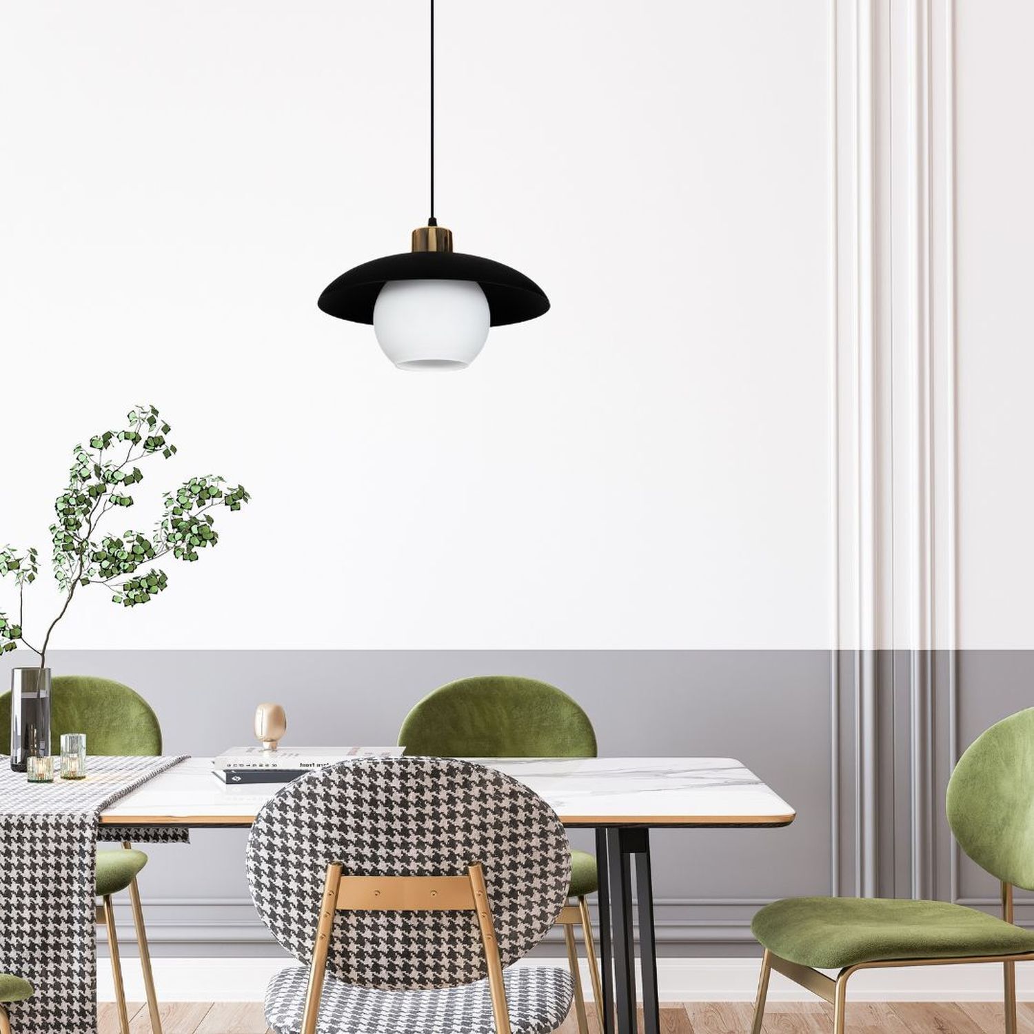 Pendelleuchte Glas Metall E27 Ø30 cm Schwarz blendarm Hängelampe, hängendes Licht, schwarzer Lampenschirm, weiße Glühbirne, Esszimmer-Dekoration