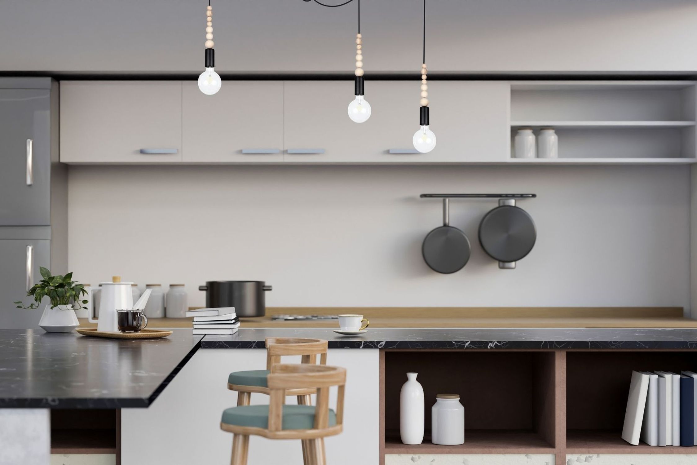 kitchen, Küche, Kücheninsel, Hängelampen, Stuhl