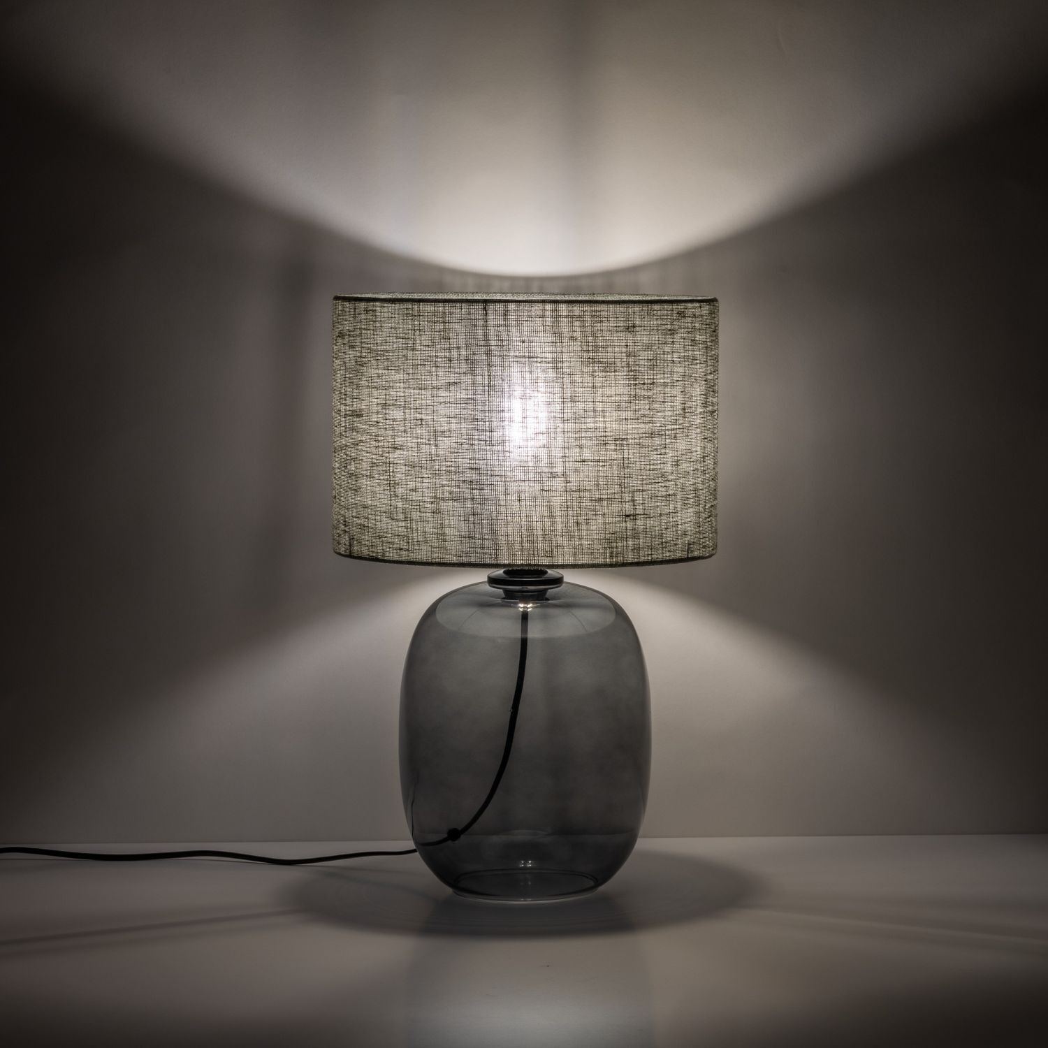 Tischleuchte Rauchglas Stoff E27 H: 48 cm Ø 30 cm Grau Grün