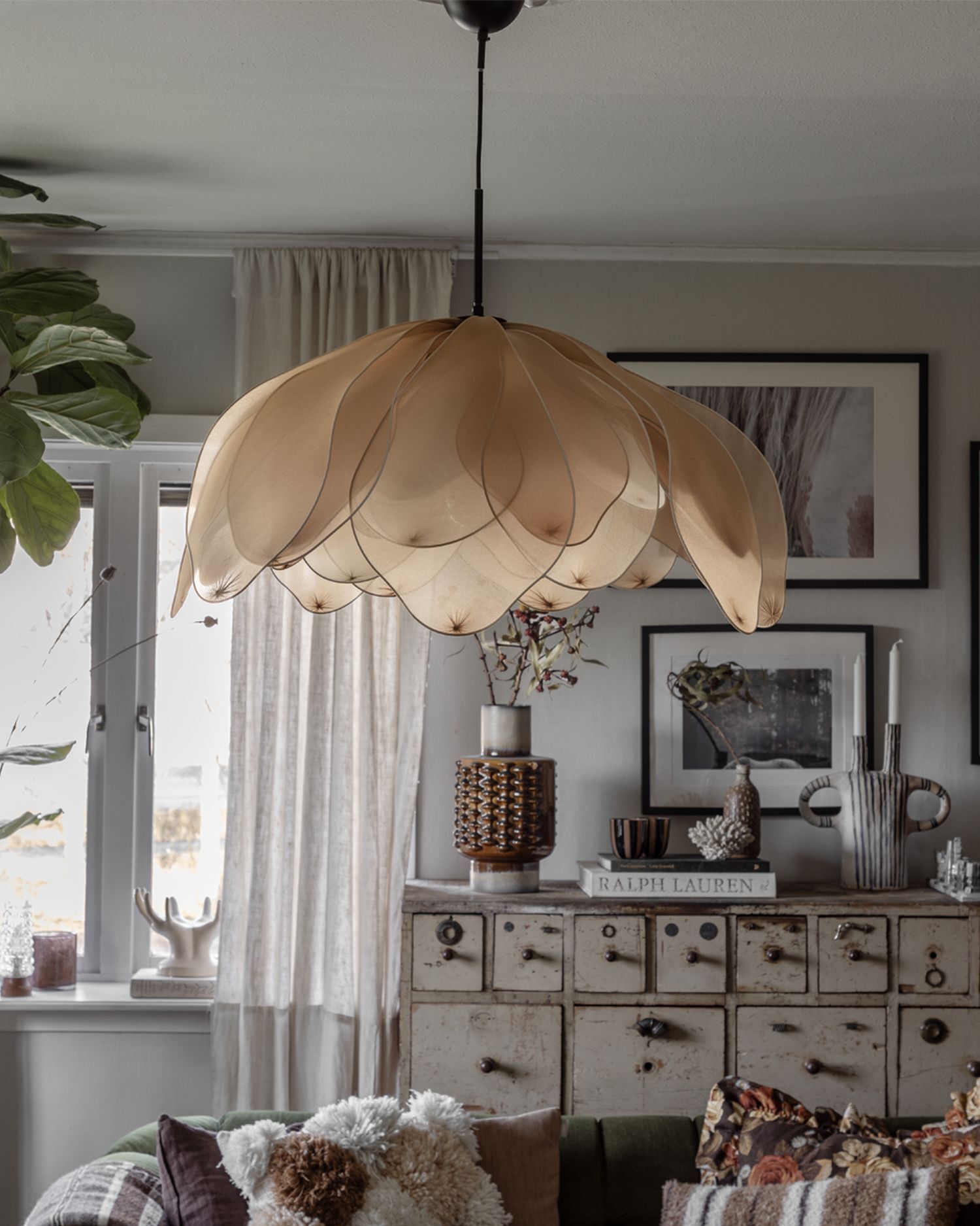 Hängelampe Stoff Metall E27 80 cm breit biegsam Natur Drinnen, Innenarchitektur, Inneneinrichtung, Lampe