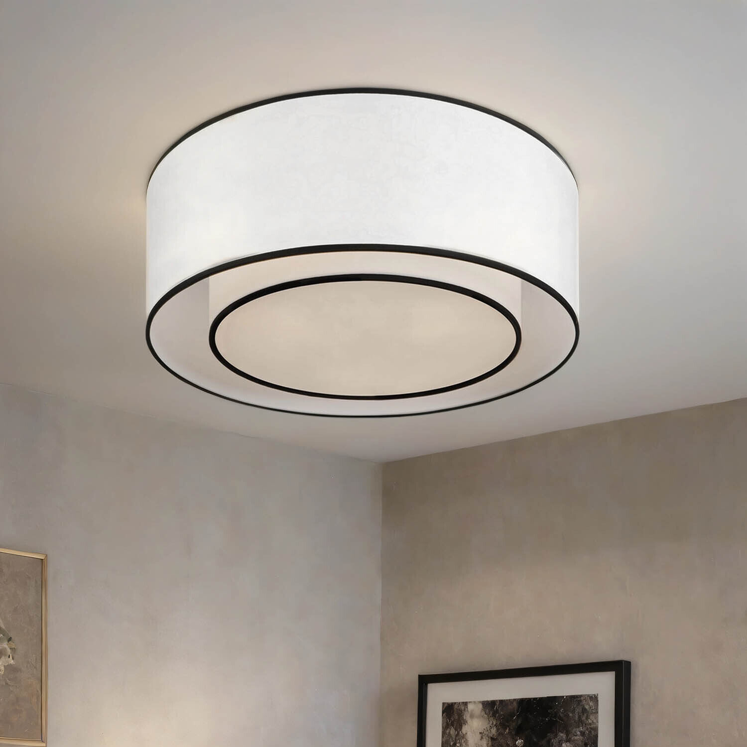 Deckenleuchte Metall Stoff D: 52 cm rund Weiß Schwarz Deckenleuchte, Kronleuchter, Lampe