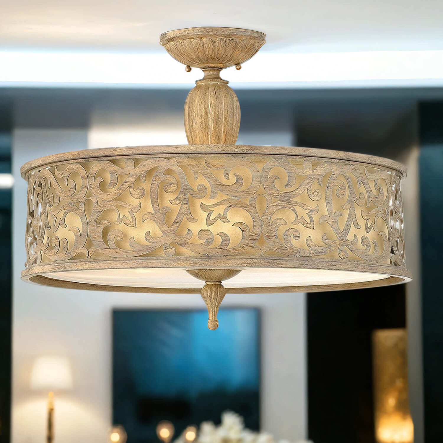 Deckenleuchte Wohnzimmer Vintage rund Metall Leinen