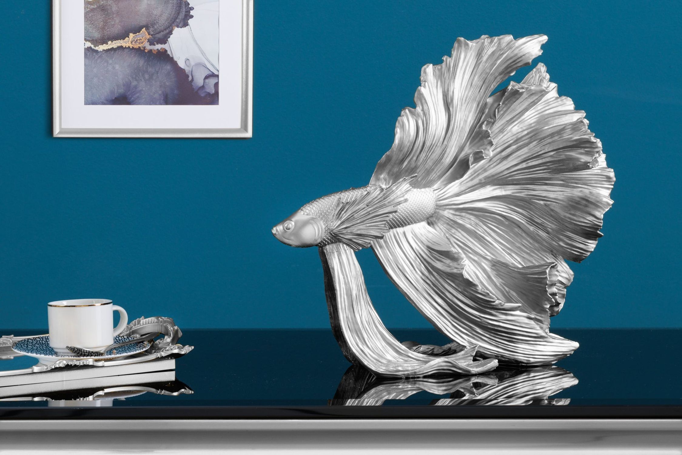 Statue Silber Kampffisch aus Polyresin H: 36 cm Deko Fische, Leben im Meer, Pokal, Kunst, Porzellan