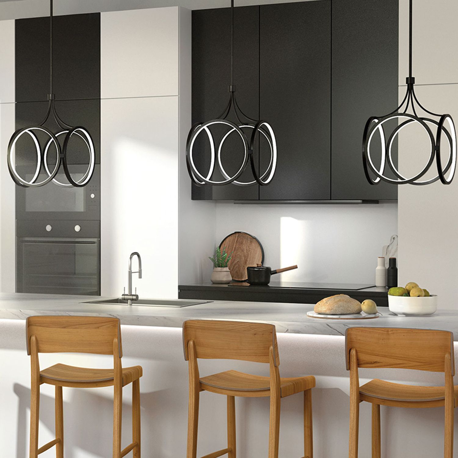 kitchen, pendant light, island, bar stool, black white