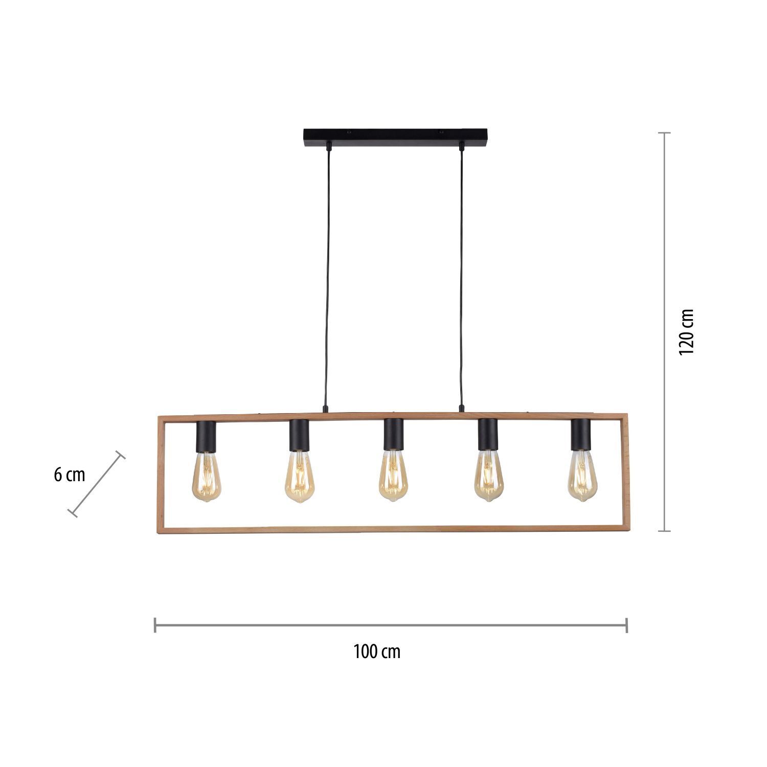 Natürliche Hängelampe Retro Holz Metall L:100 cm 5-flmg Licht