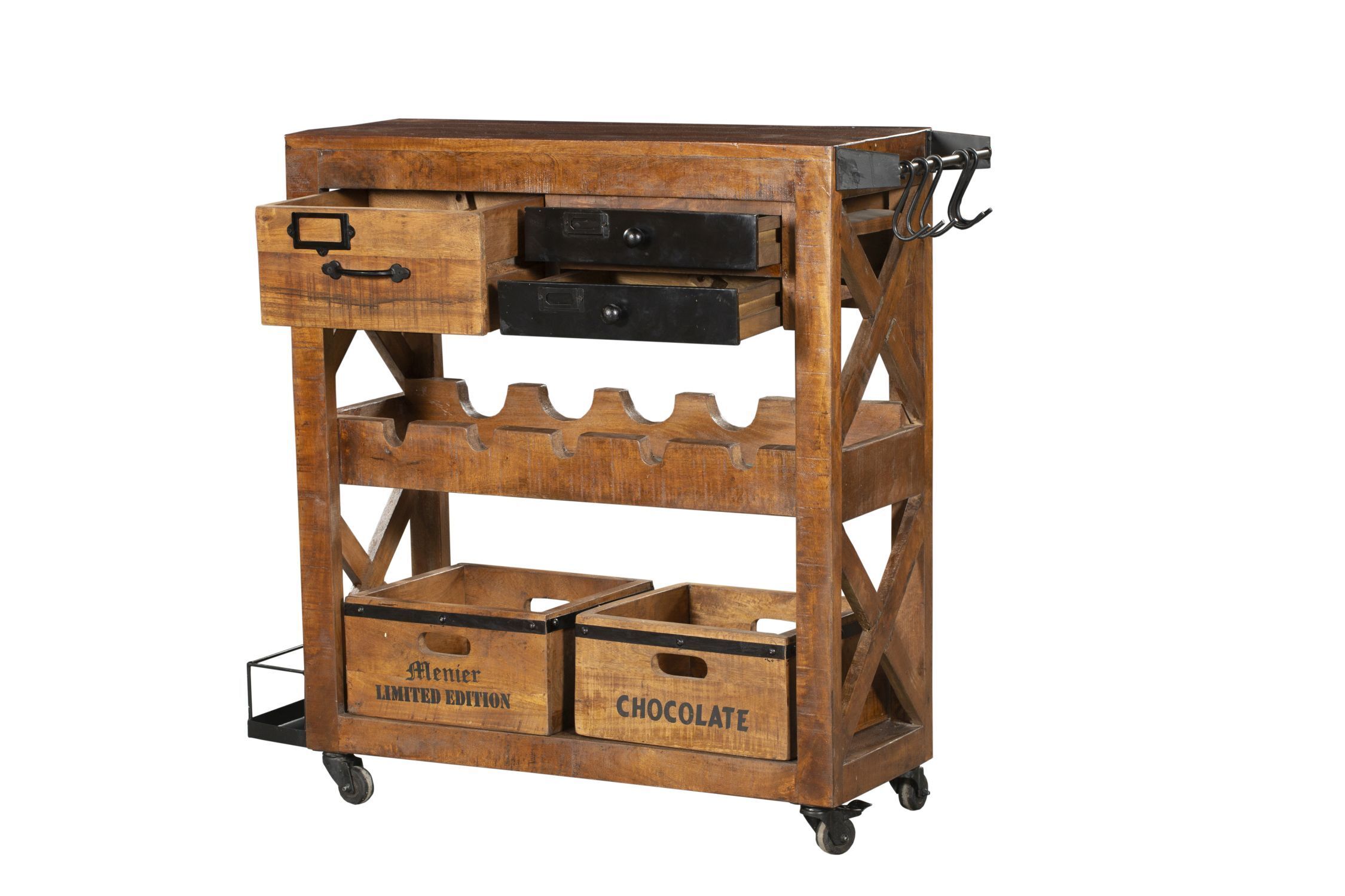 Barschrank mit Rollen Mangoholz Stahl B: 100 cm Industrial Schublade, Mobiliar, Schreibtisch, Tabelle, Kabinett