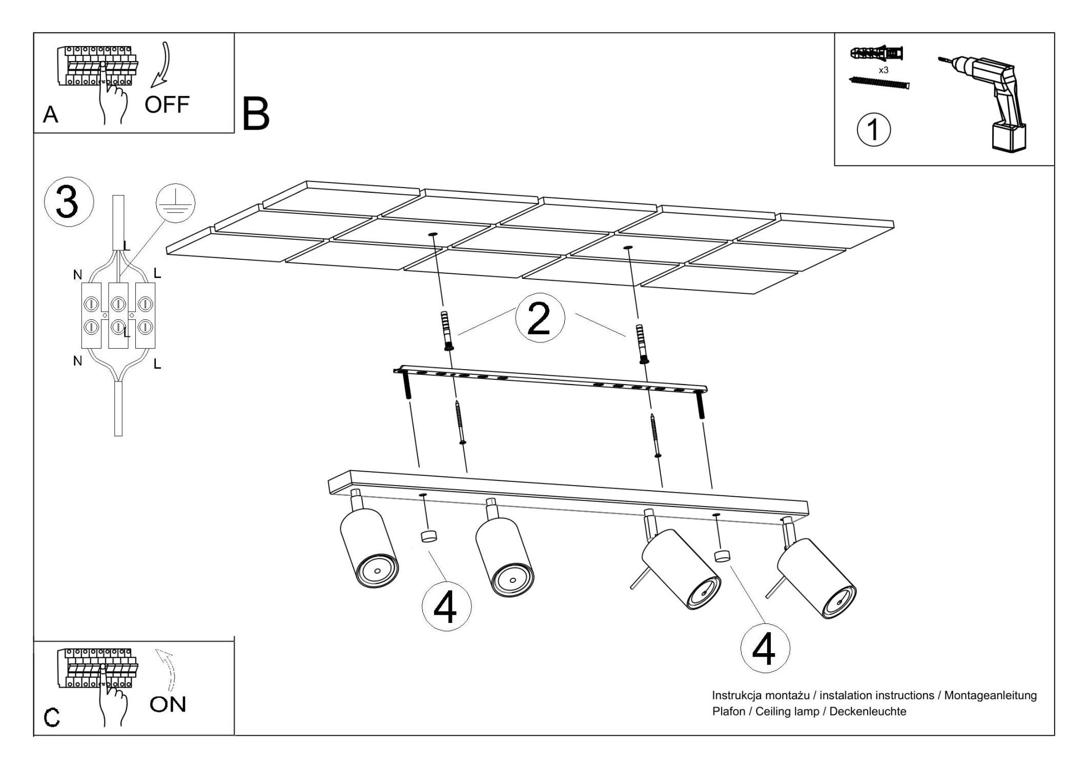 Deckenstrahler 4-flammig GU10 80 cm lang Schwarz Metall