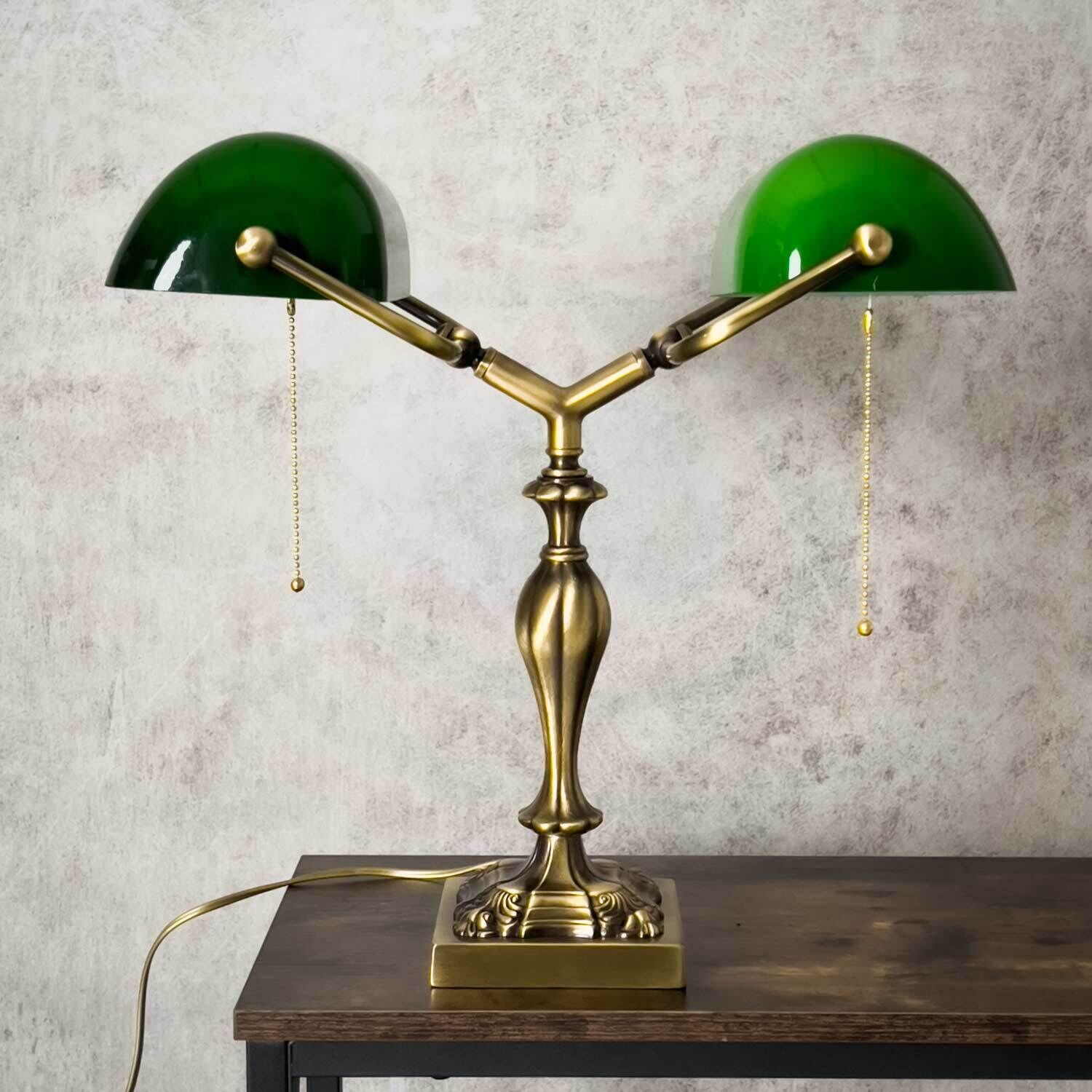 Bankerlampe 42,5 cm 2-flammig E27 Echt-Messing Zugschalter