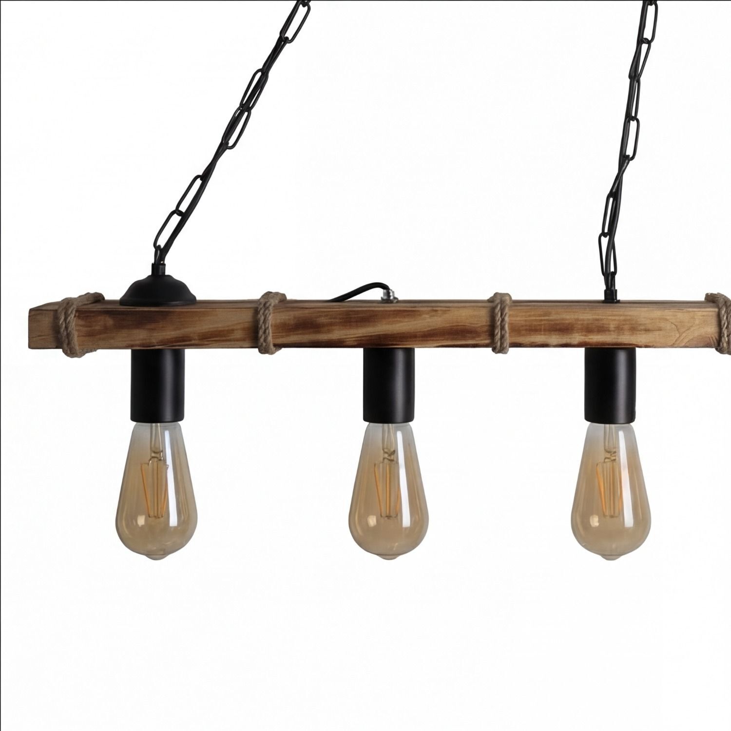 Hängelampe, Edison Glühbirnen, Holzträger, Drahtkette, Industrial Stil