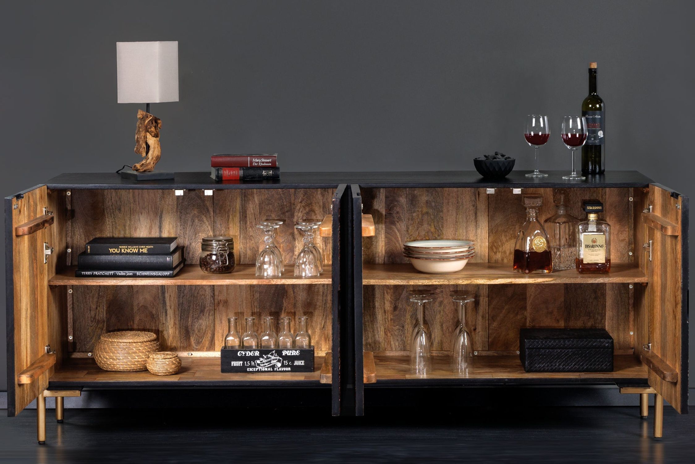 Sideboard 160 cm Holz Metall Schwarz Kupfer Gold Handarbeit Anrichte, Lampe, Innenarchitektur, Buch, Holz