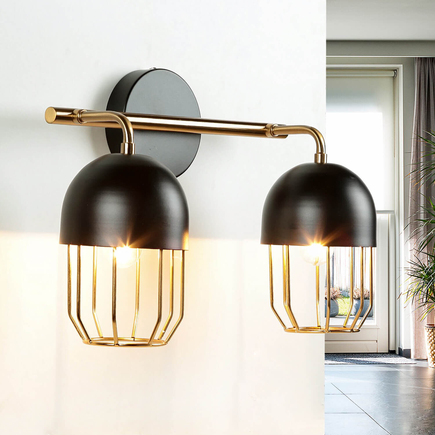 Wandleuchte Metall Schwarz Gold Loft Design 2x E14 QUINN Leuchte, Lampe