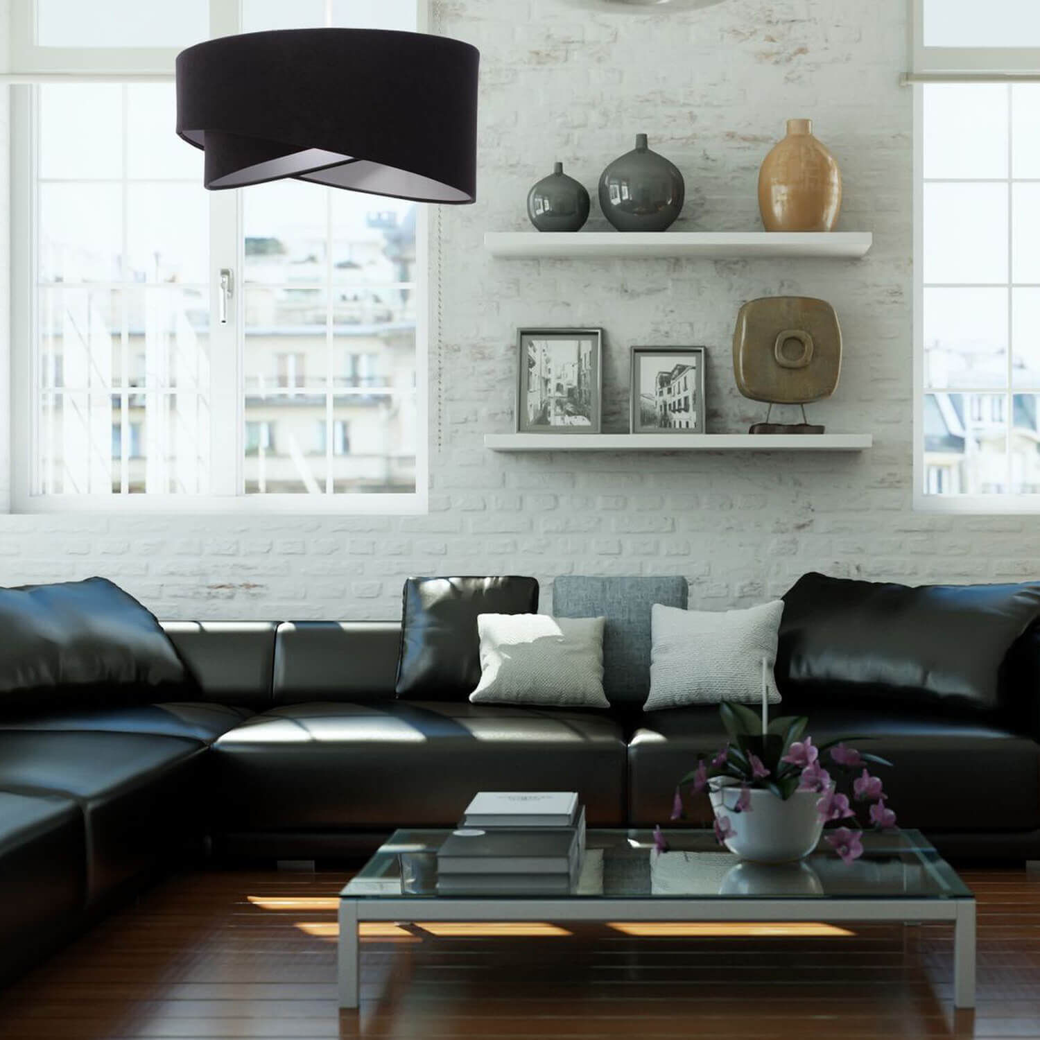 Pendelleuchte Esstisch Schwarz Silber Stoff Ø50cm Couch, Kaffeetisch, Tabelle, Wohnzimmer, Dekoration Ihres Zuhauses