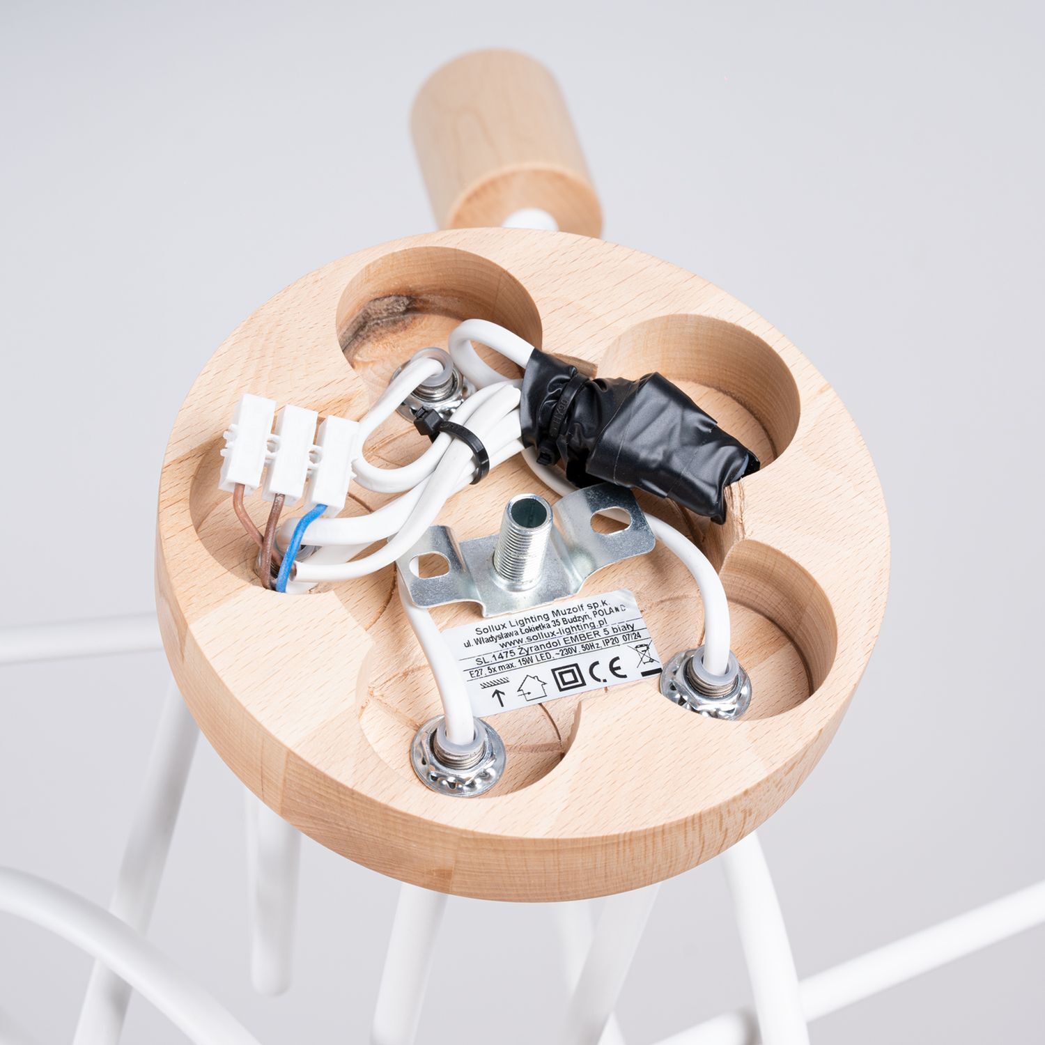 Deckenlampe Holz Stahl Weiß E27 L:61 cm 5-flammig holz, Lampe, Stativ, elektrische Komponenten, Verkabelung