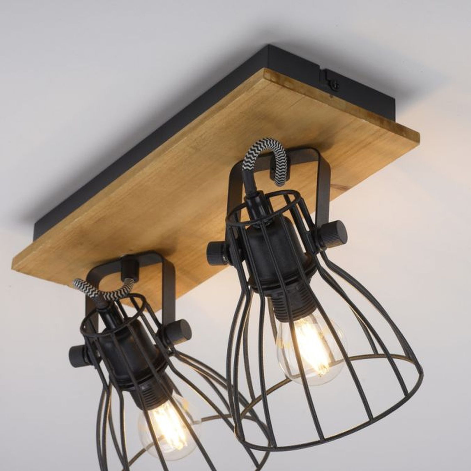 Deckenspot Holz Metall Draht 2-flammig E14 verstellbar