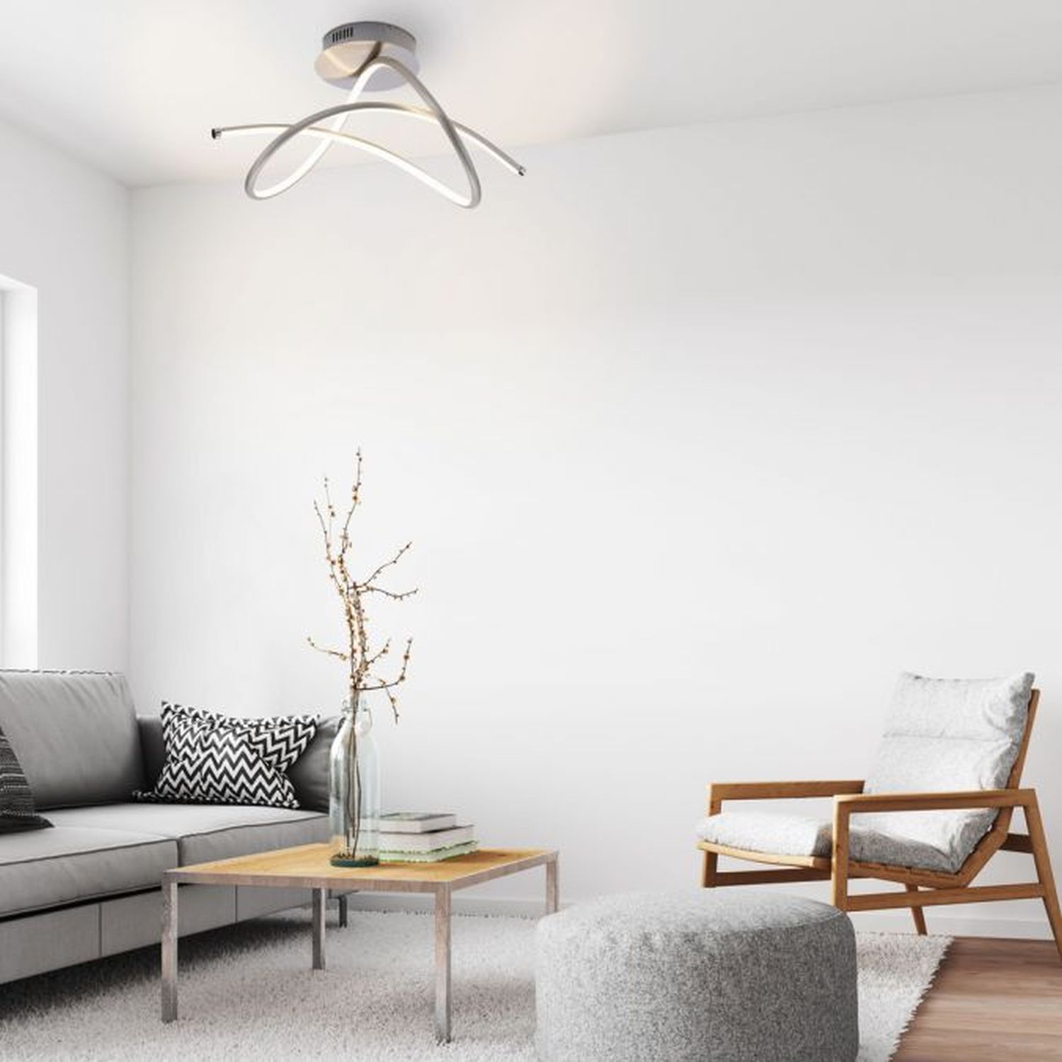 Geschwungene LED Deckenlampe in Stahl 3000 K warmweiß Dekoration für Zuhause, Lampe, Mobiliar, Couch