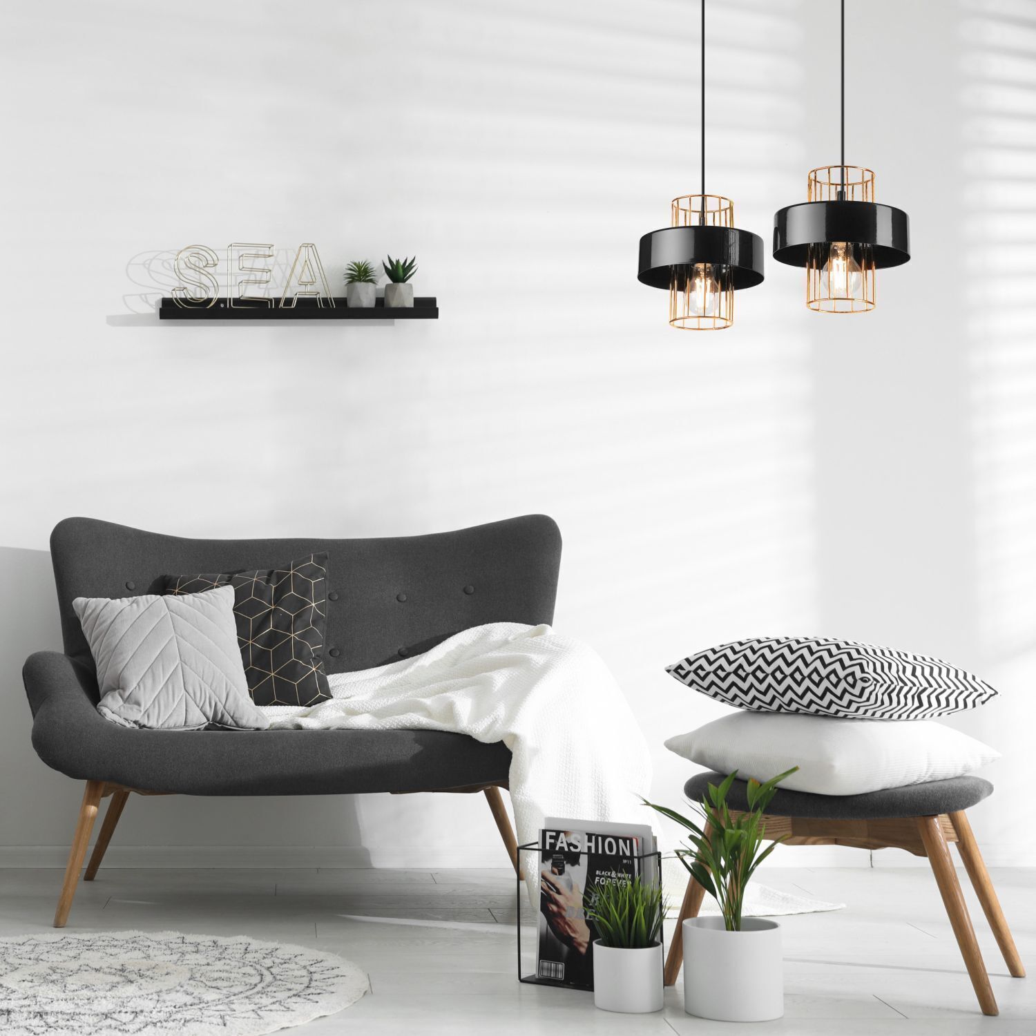 Pendelleuchte Schwarz Gold B: 40 cm Metall 2-flammig E27 Kissen, Dekoration für Zuhause, Pflanze, Wohnzimmer, Innenarchitektur