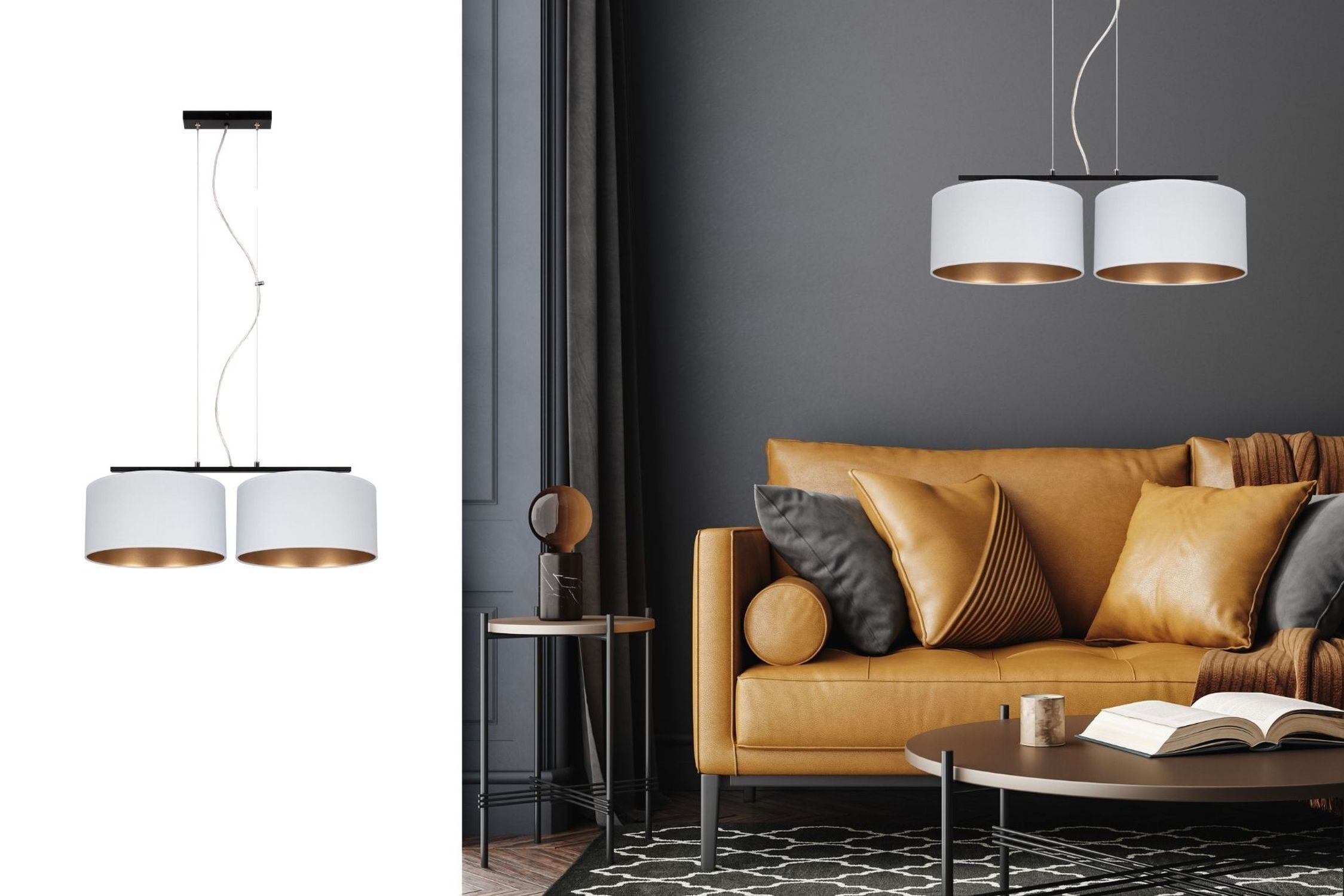 Hängelampe, Doppel-Schirm, weißer Schirm, goldenes Innenleben, Wohnzimmer-Beleuchtung