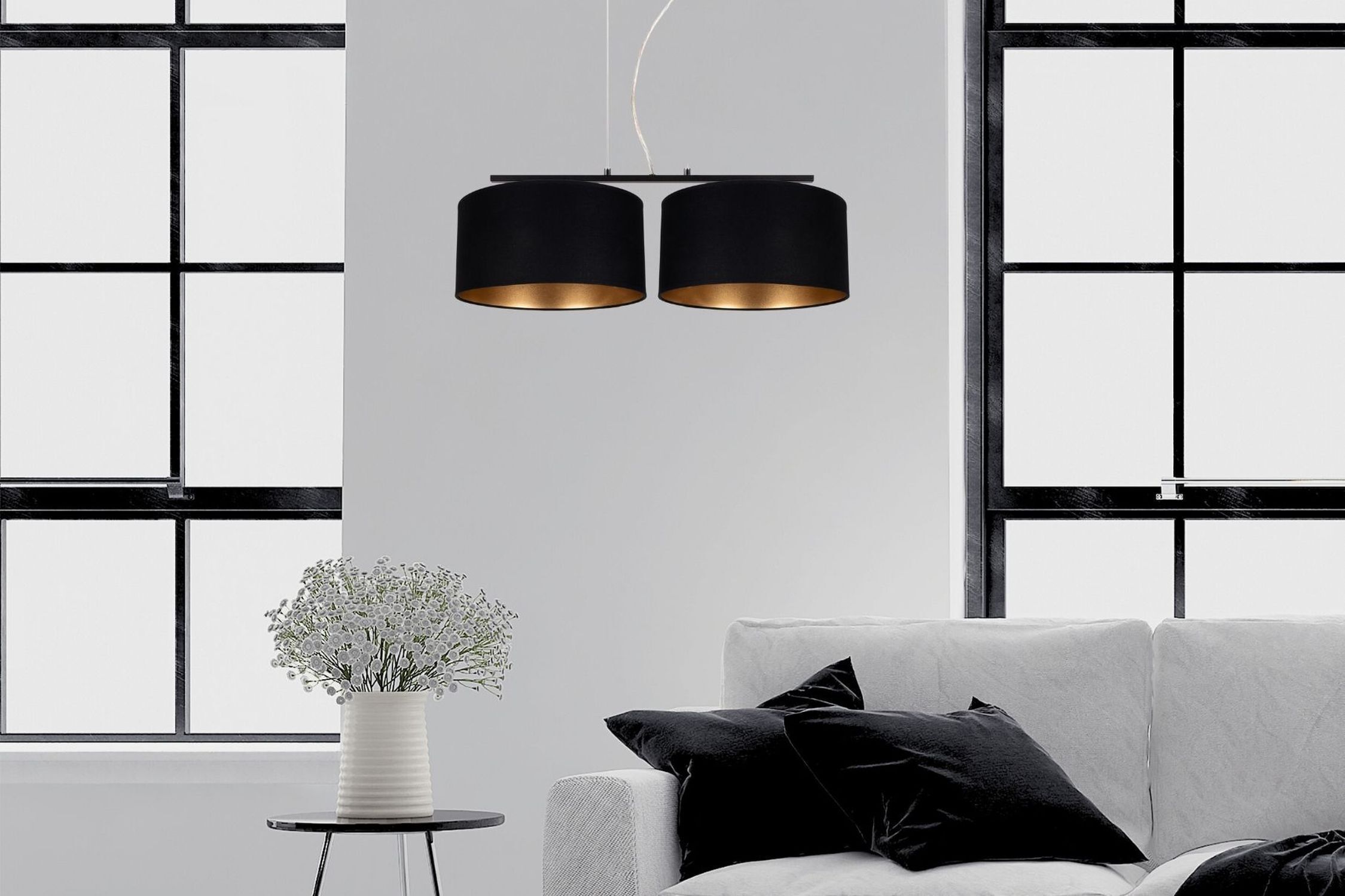 Stoff Hängelampe blendarm Schwarz Gold E27 70 cm lang
