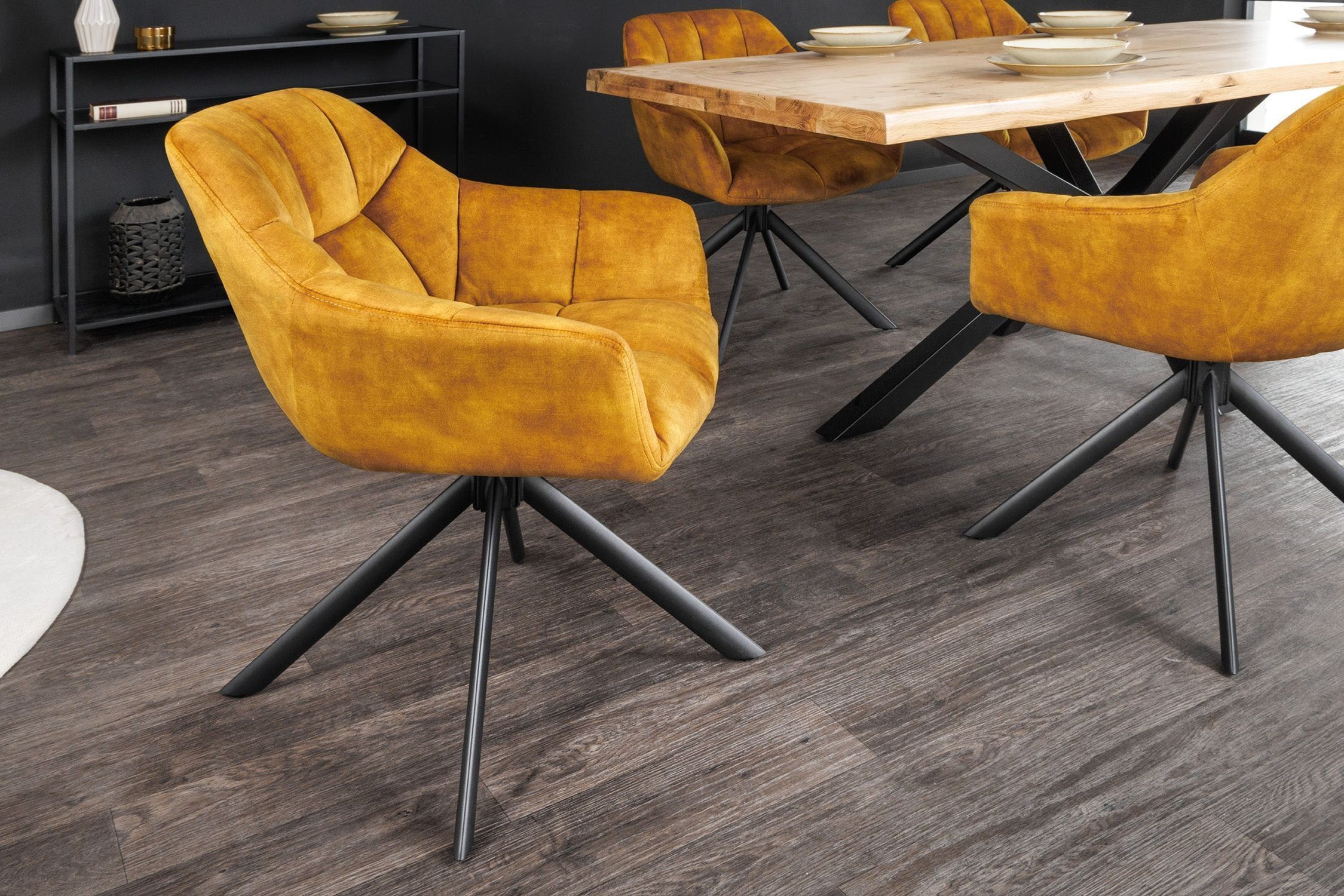 Drehstuhl Samt Metall ohne Rollen in Gelb Schwarz Retro Fußboden, Mobiliar, Holz, Bodenbeläge, Innenarchitektur