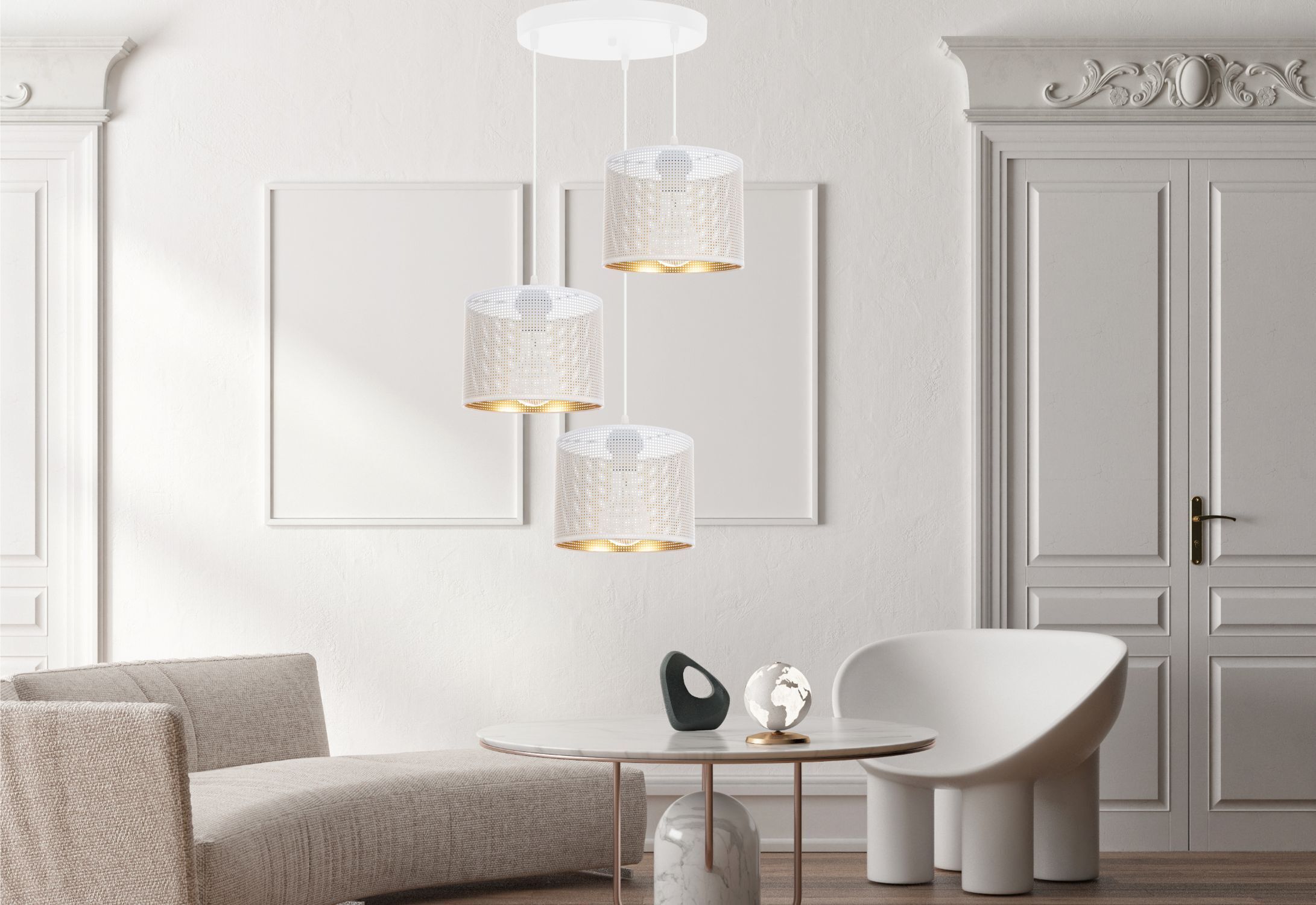 Hängelampe Metall Weiß Gold E27 3-flammig Ø45 cm Loft Innenarchitektur, Lampe, Schreibtisch, Couch, Wohnzimmer