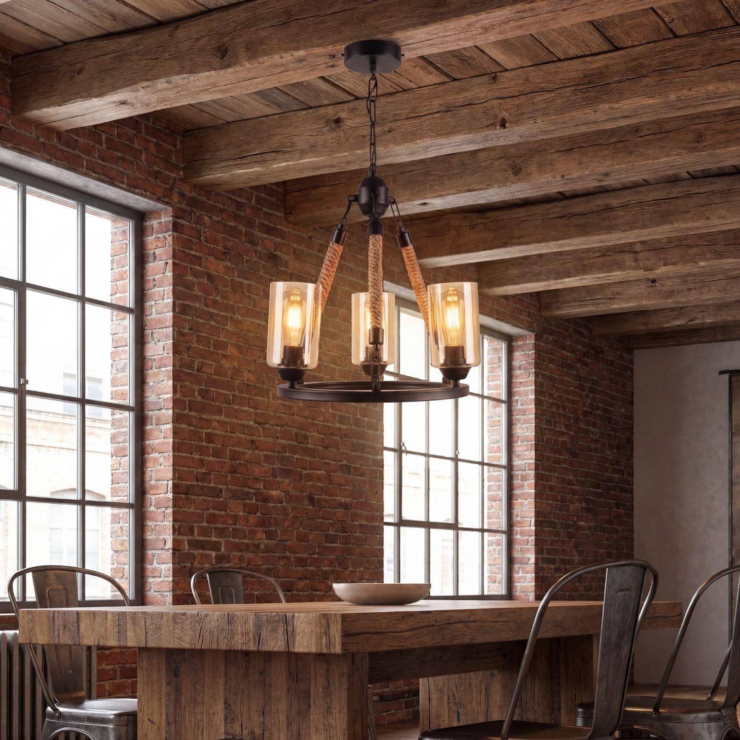 Kronleuchter, Hängelampe, Industrie-Look, Metall-Glas, Holzstuhl