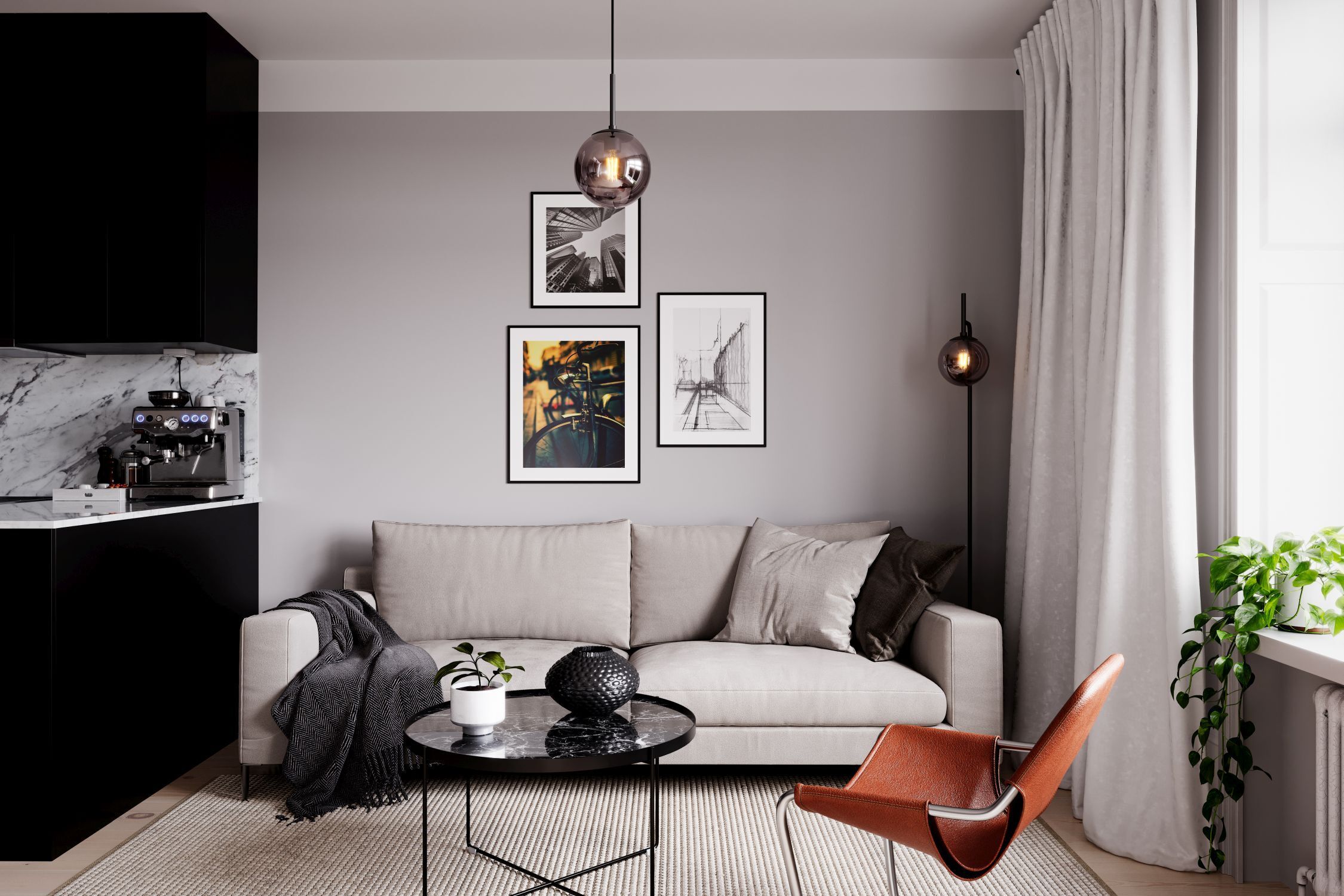 Wohnzimmer, Sofa, Kaffeetisch, Bilderrahmen, Schwarz-Weiß-Deko