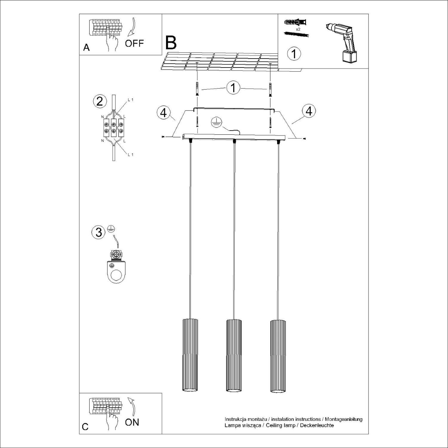 Pendelleuchte 3-flammig GU10 B: 45 cm in Creme Modern CAD-Diagramm, Diagramm