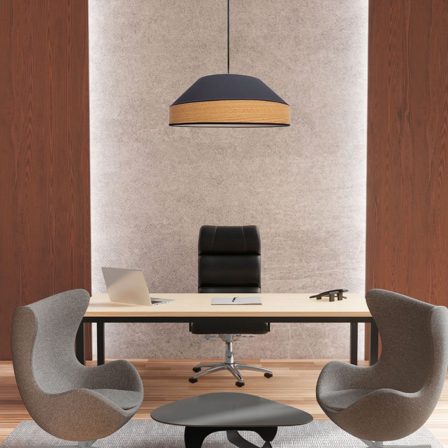 Schreibtisch, Bürostuhl, Lampe, Runder Tisch, Stuhl