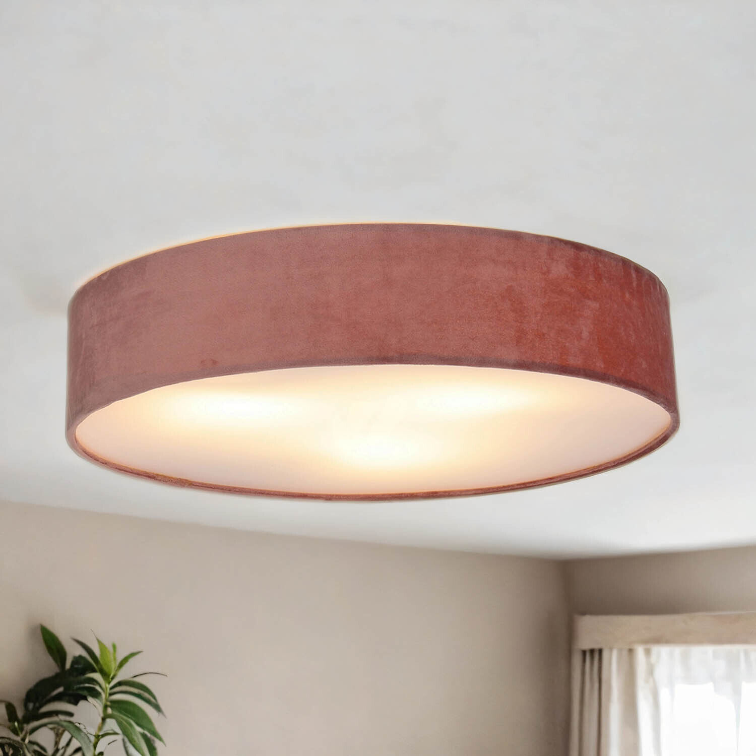Deckenleuchte rund Ø 50cm H: 10cm Rosa Samt Schirm 3x E27