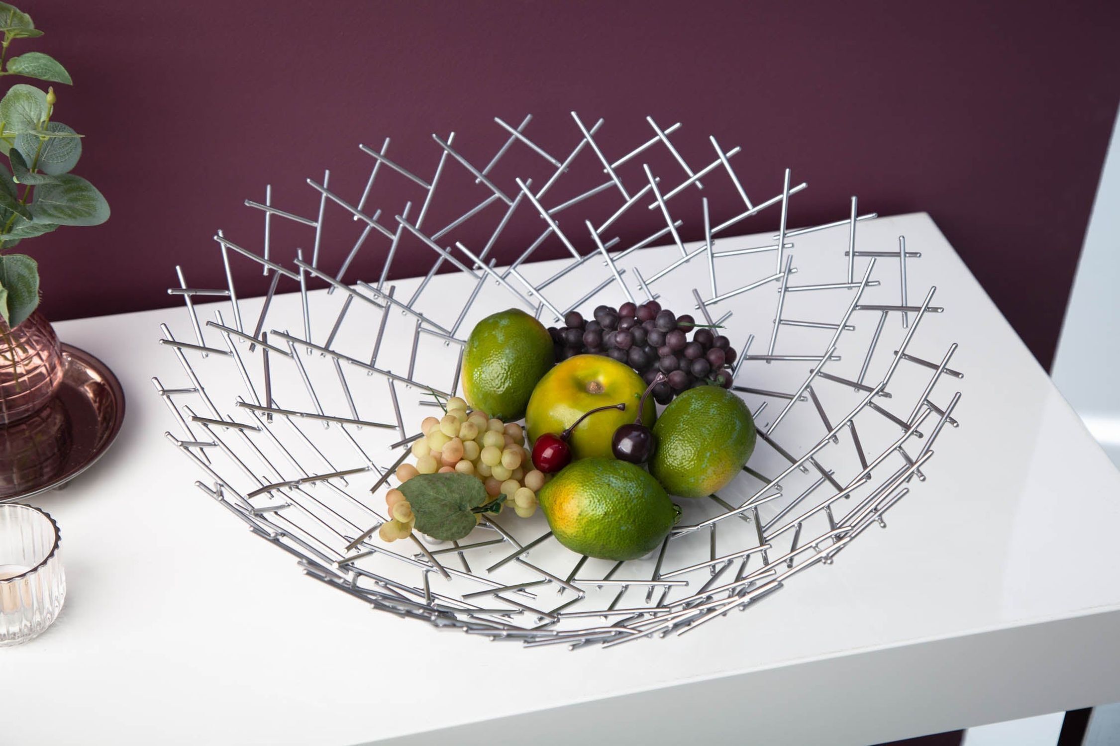 Dekoschale Metall Ø 45 cm Gitter Design in Silber Essen, Obst, Produzieren, Zitrusfrüchte, Limette