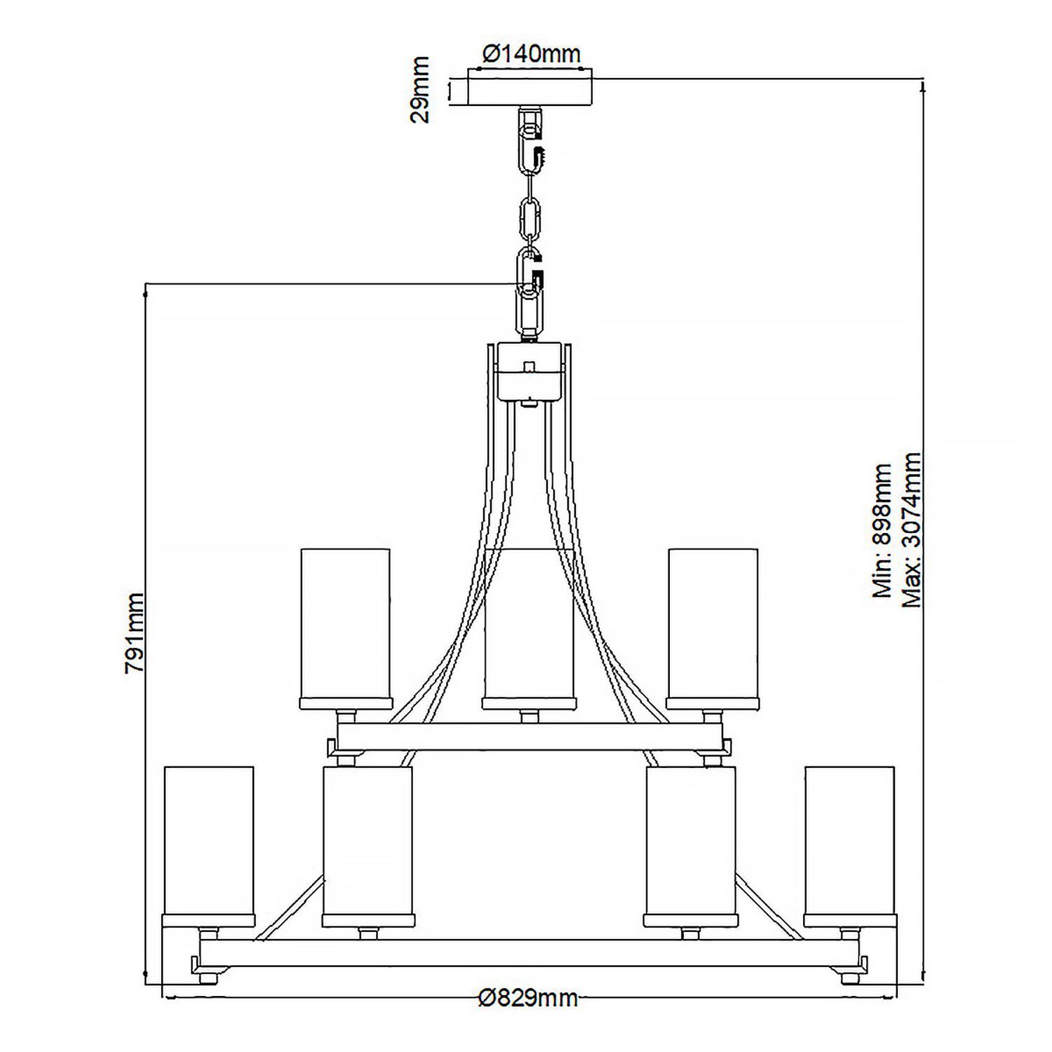 Kronleuchter Metall Glas E27 Ø 82,9 cm groß Rustikal CAD-Diagramm, Diagramm
