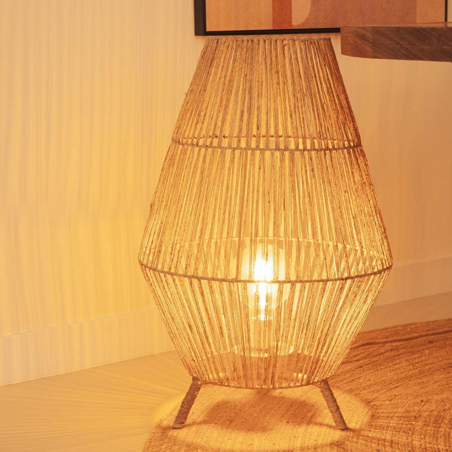 Tischleuchte Rattan H: 72 cm E27 groß Dreibein Boho