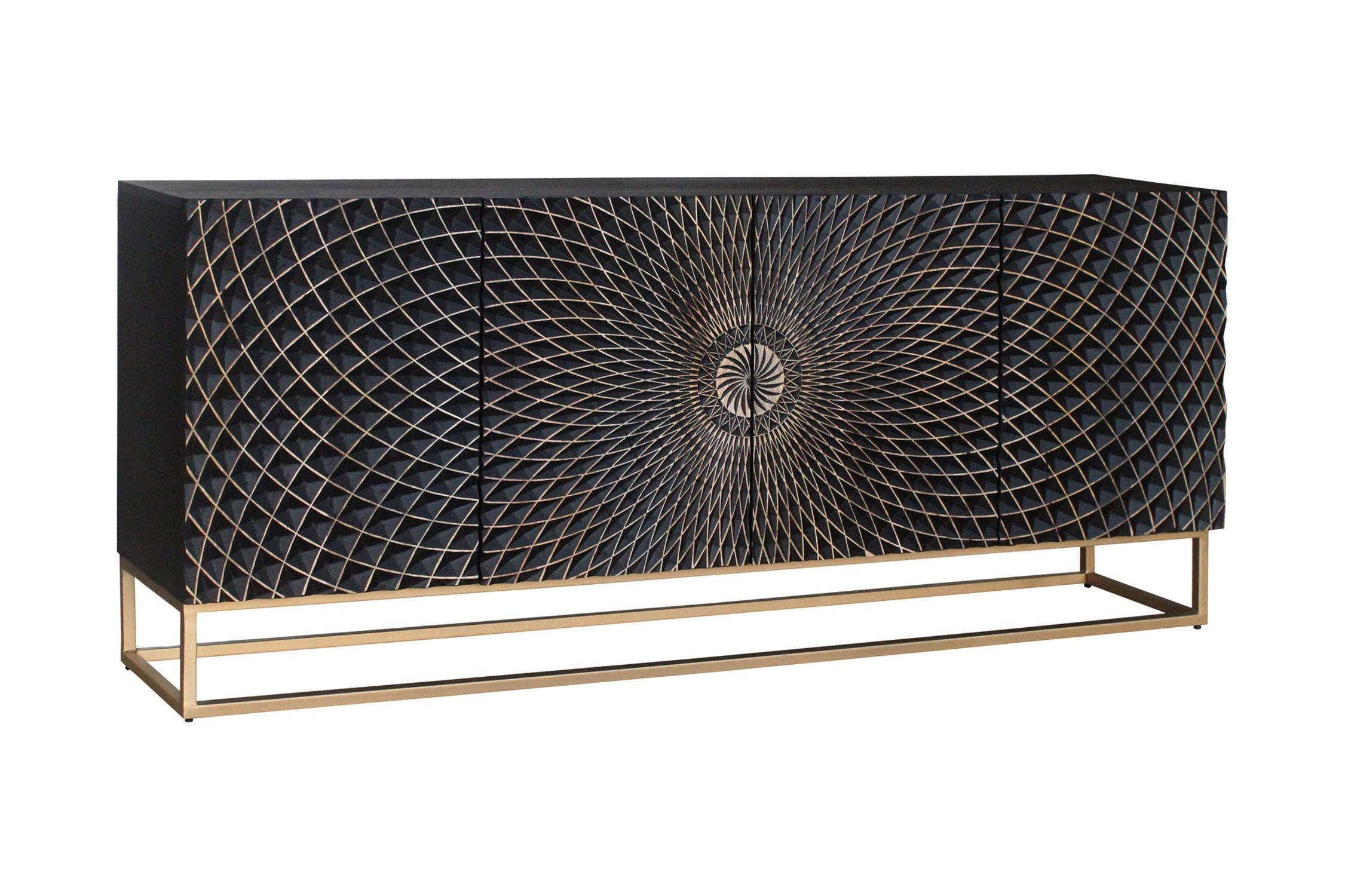 Sideboard Schwarz Gold 177 x 76 cm Ornament Türen Handarbeit