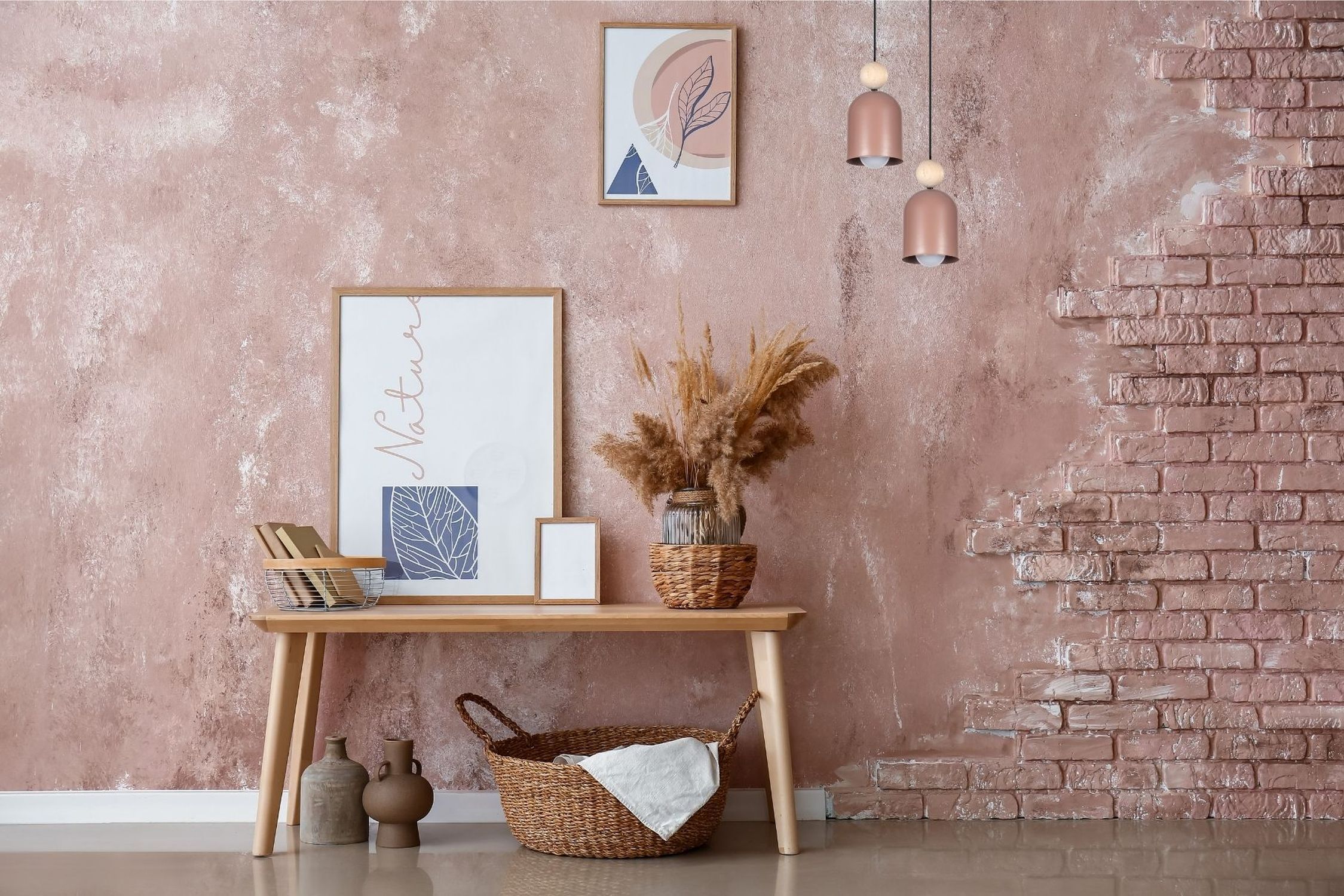 Runde Pendelleuchte Pink Metall Holz 2-flmg E27 Ø21 cm Innenarchitektur, Wand, Gemälde, Lampe, Fußboden