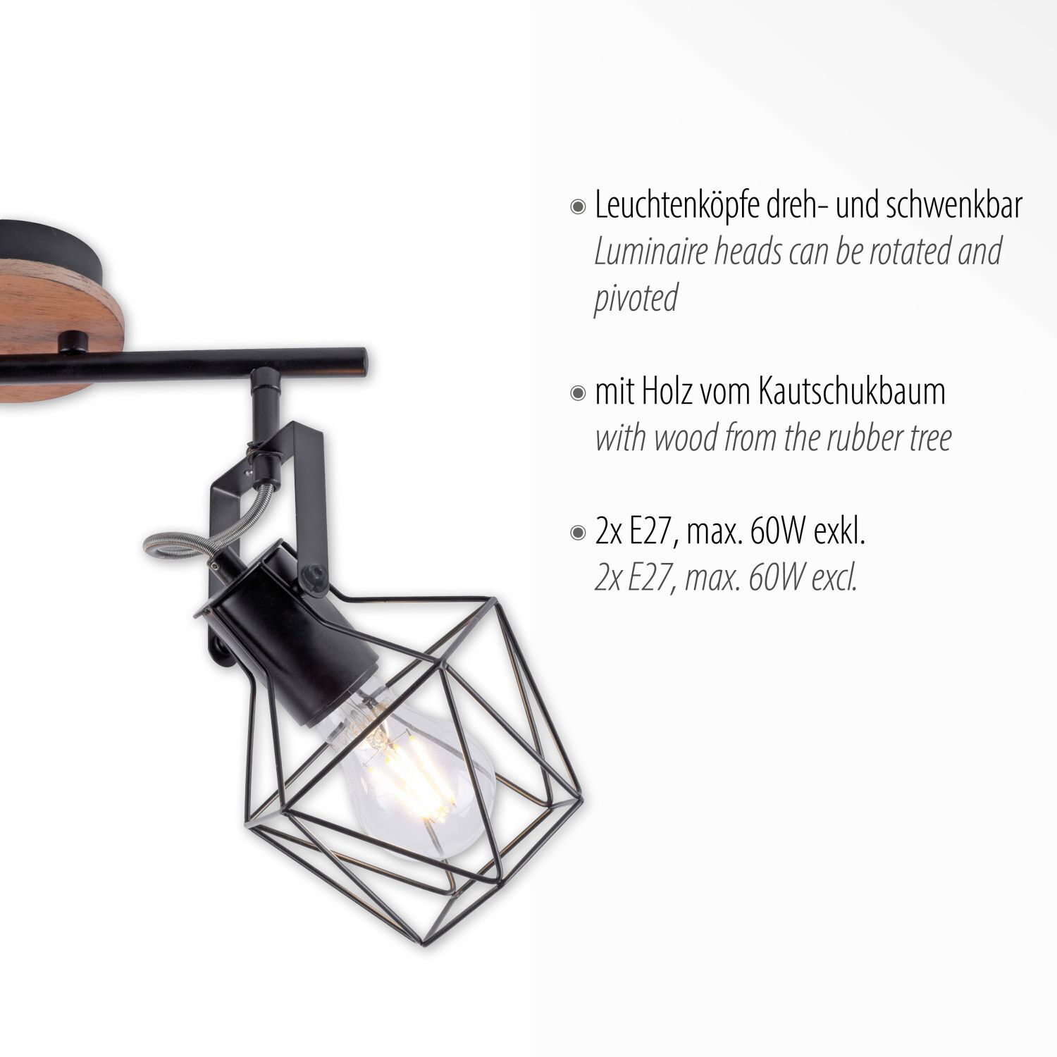 Flexibler Deckenspot Holz Metall Schwarz E27 Vintage Leuchte, Beleuchtung, Lampe