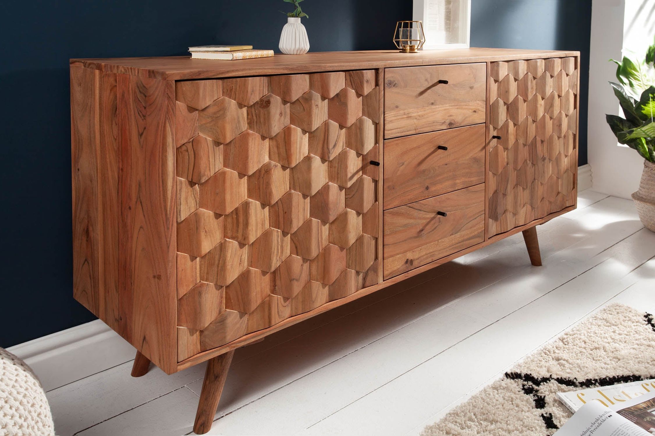 Sideboard Akazie 145 x 75cm 3D-Fronten Retro Schubladen Türen