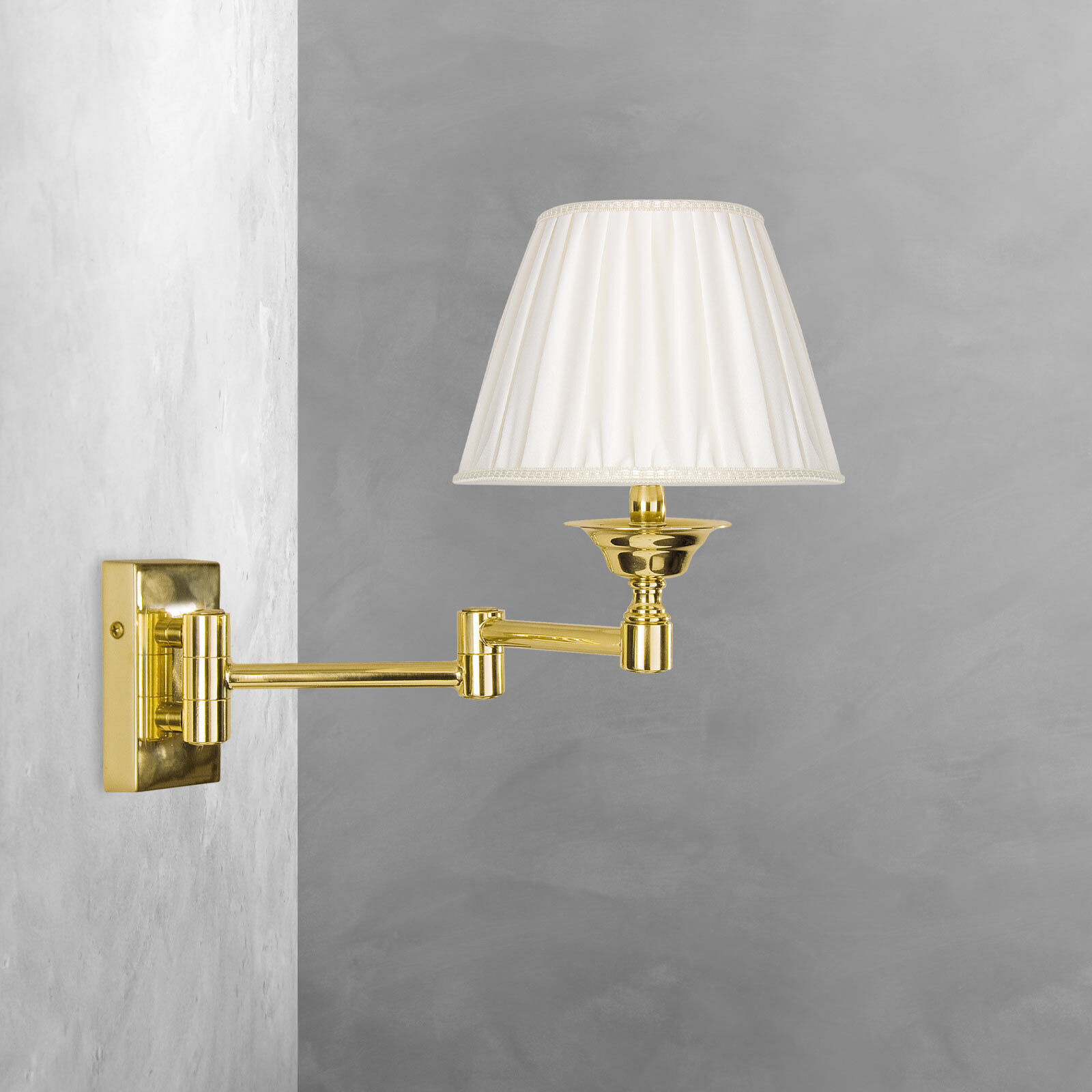 Wandlampe Messing poliert Stoff Weiß E14 Gelenkarm
