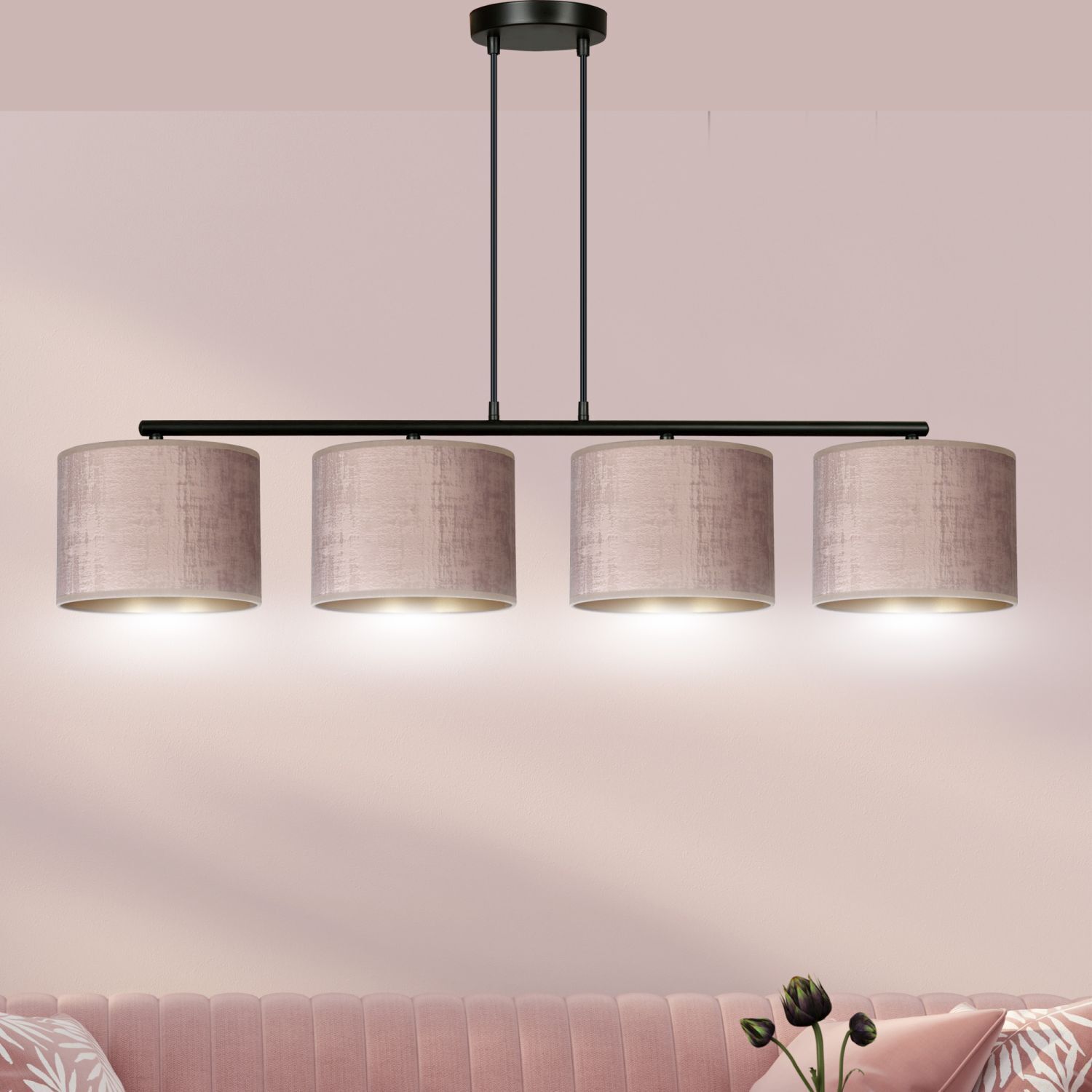 Hängelampe 4-flammig L: 97 cm Metall Stoff Rosa Gold E27