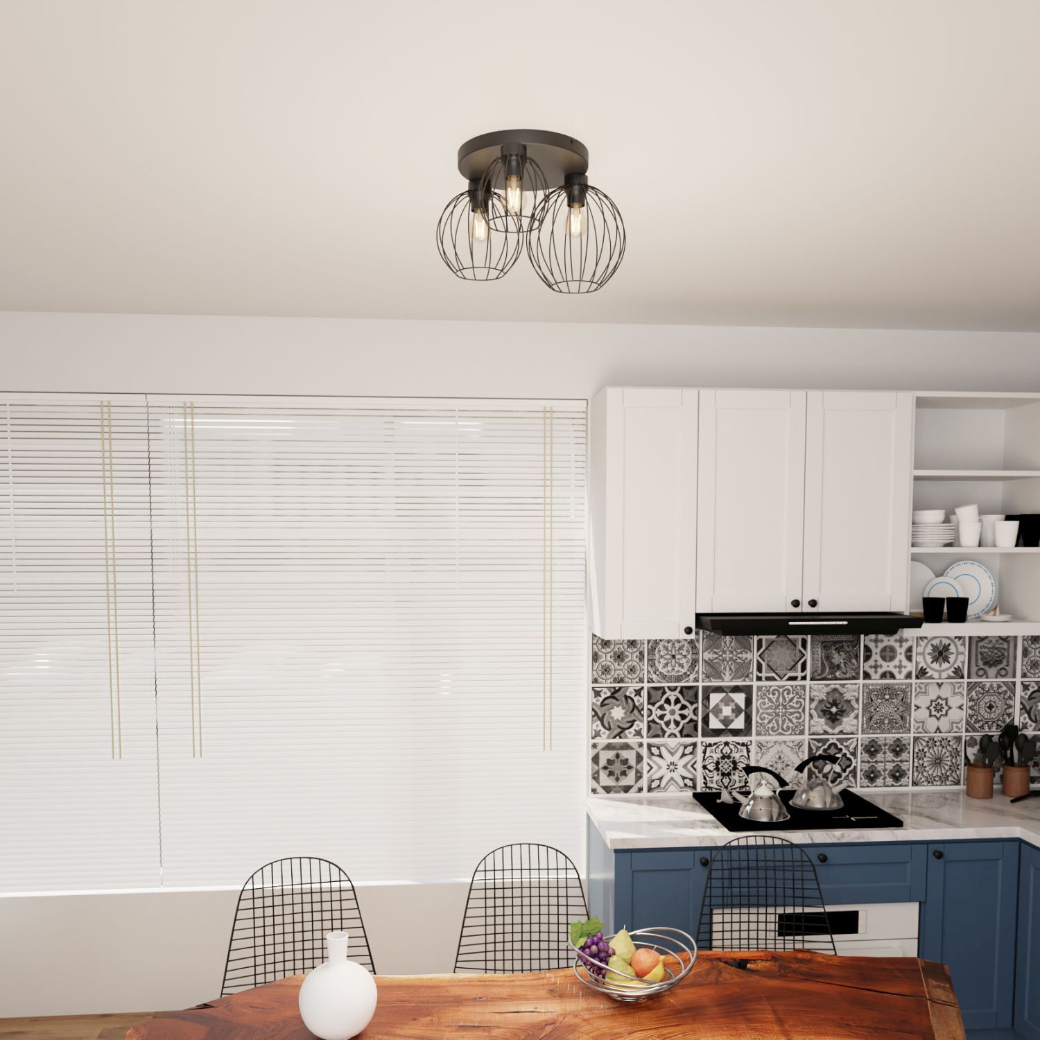 Deckenlampe Retro Schwarz Draht E27 3-flammig L:41 cm Speisesaal, Esstisch, Drinnen, Innenarchitektur, Küche