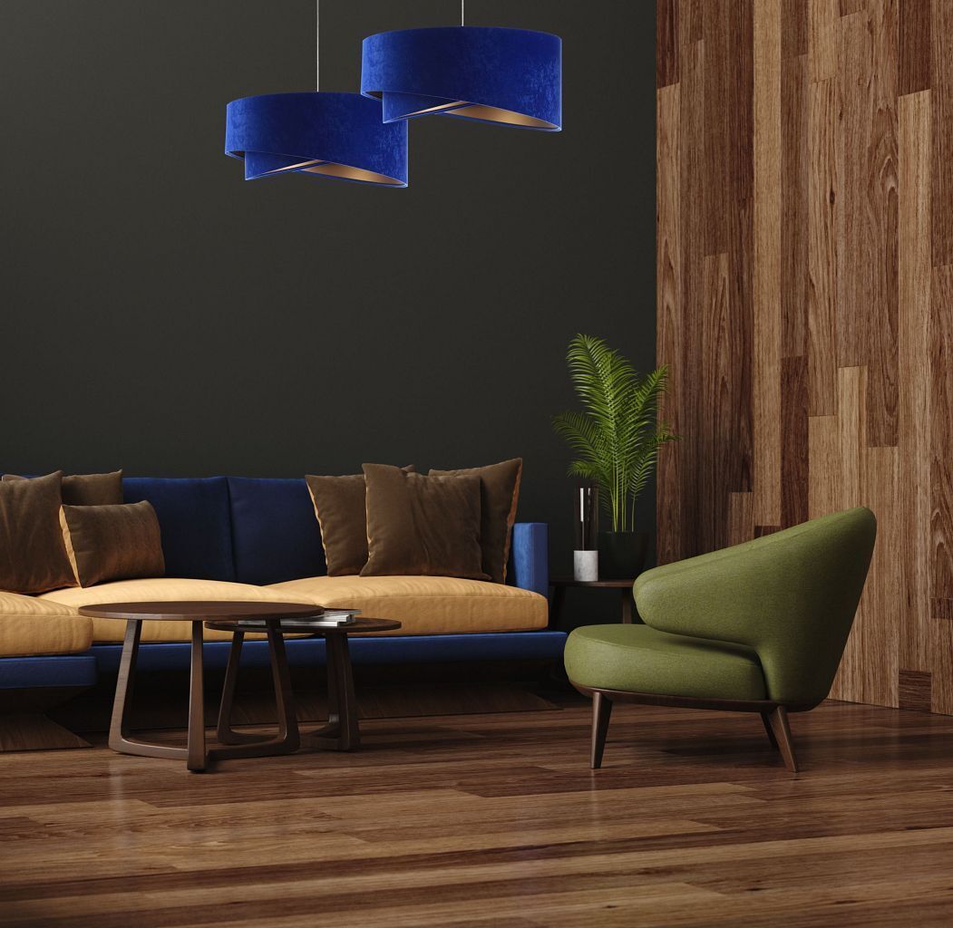 Pendelleuchte E27 rund Ø 50 cm Blau Gold Stoff Velours Optik