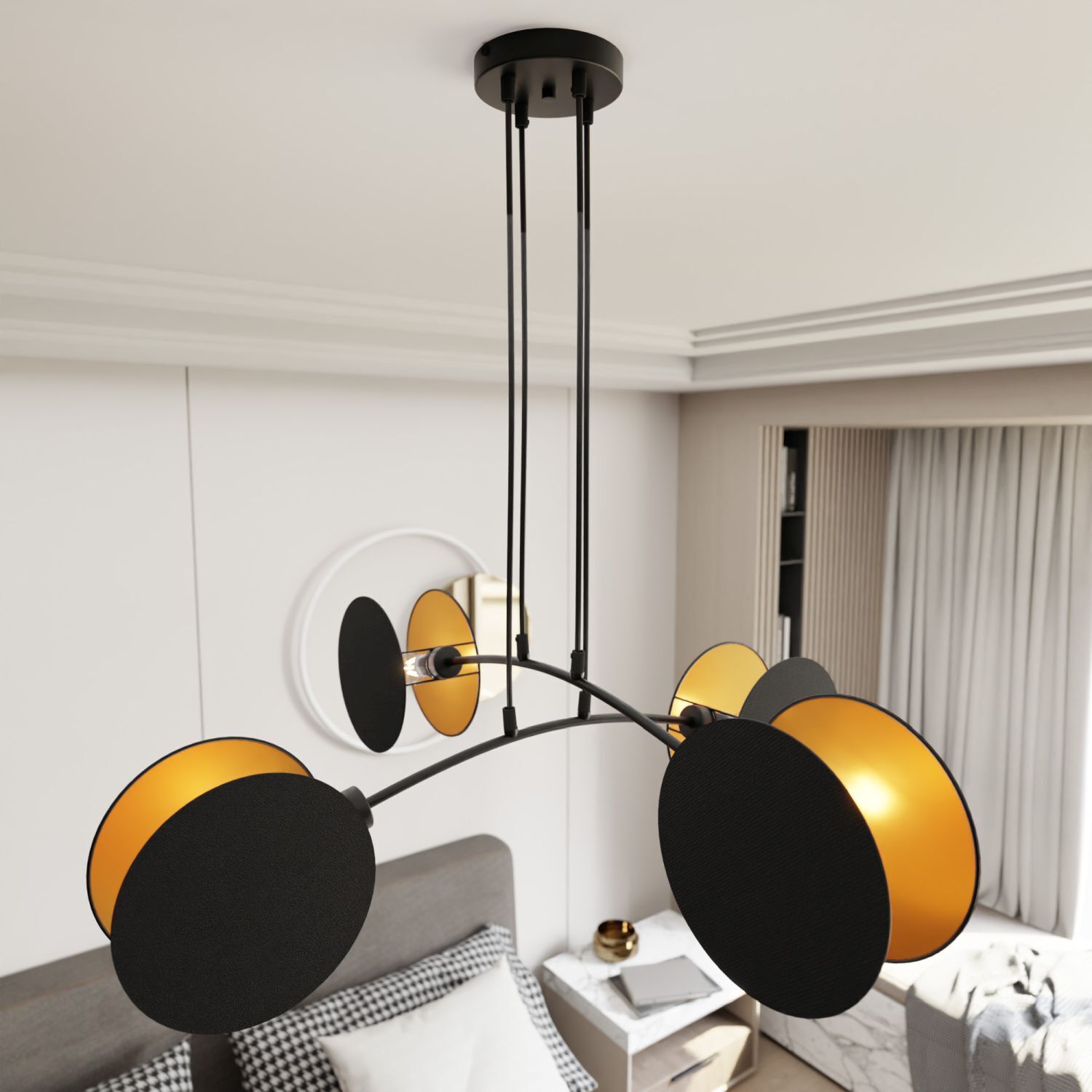 Pendelleuchte Schwarz Gold L: 82 cm verstellbar Stoff Metall