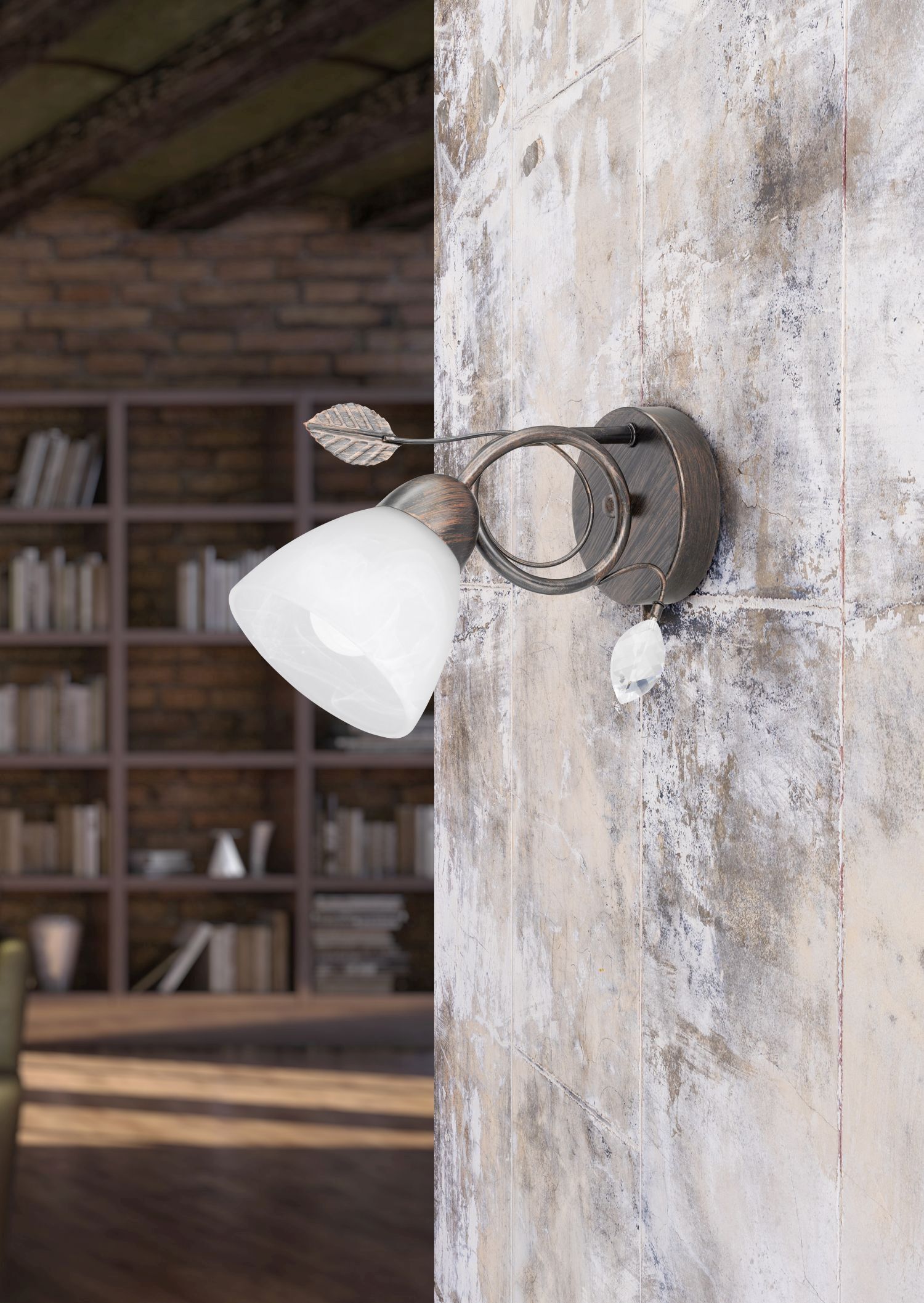 Florale Wandlampe Metall Glas E14 H:21,5 cm Rost Antik