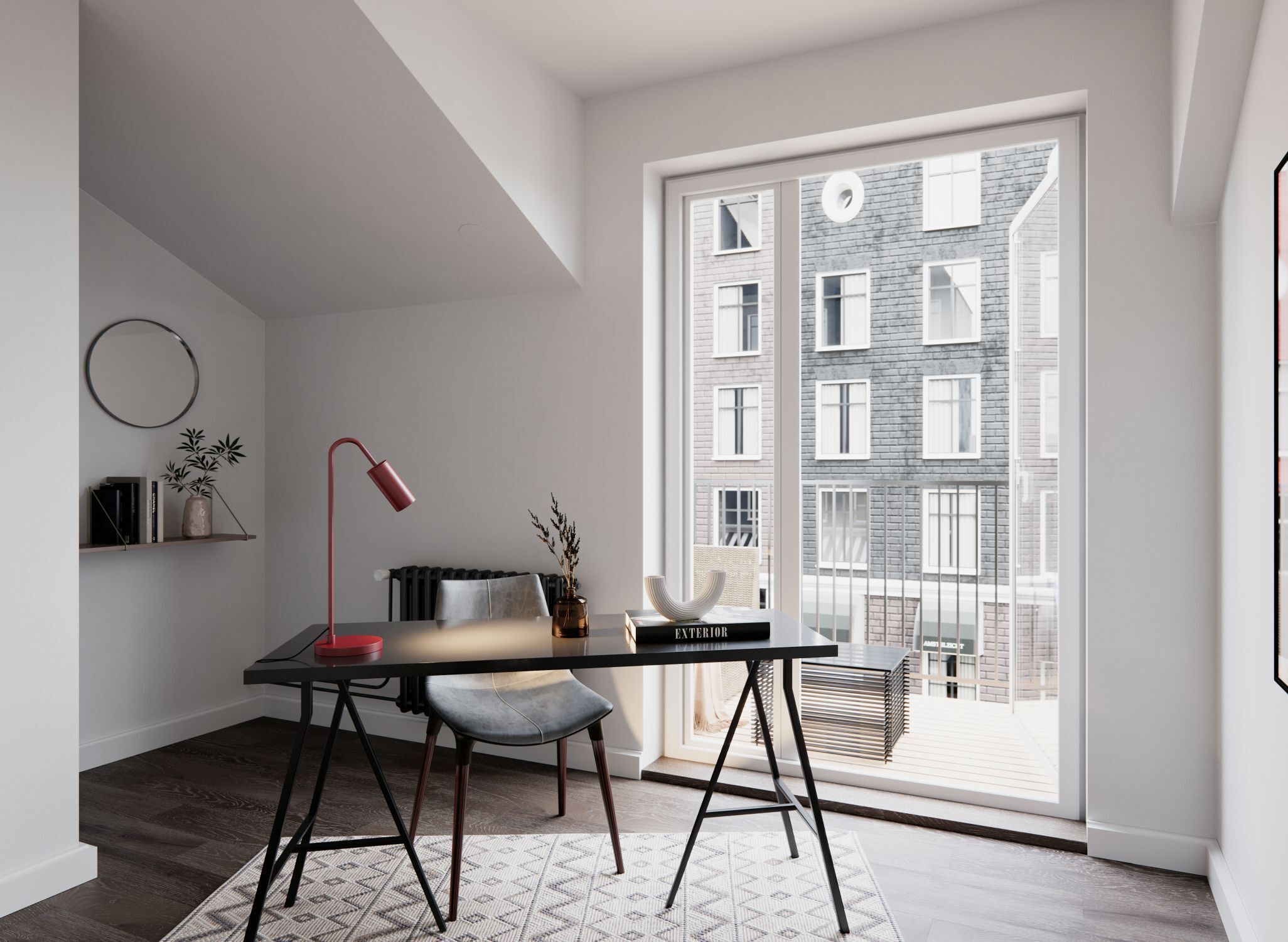 Schreibtischlampe Metall 51 cm hoch Dunkelrot GU10 Schreibtisch, Arbeitszimmer, dunkles Holz, Sitzstuhl, großes Fenster