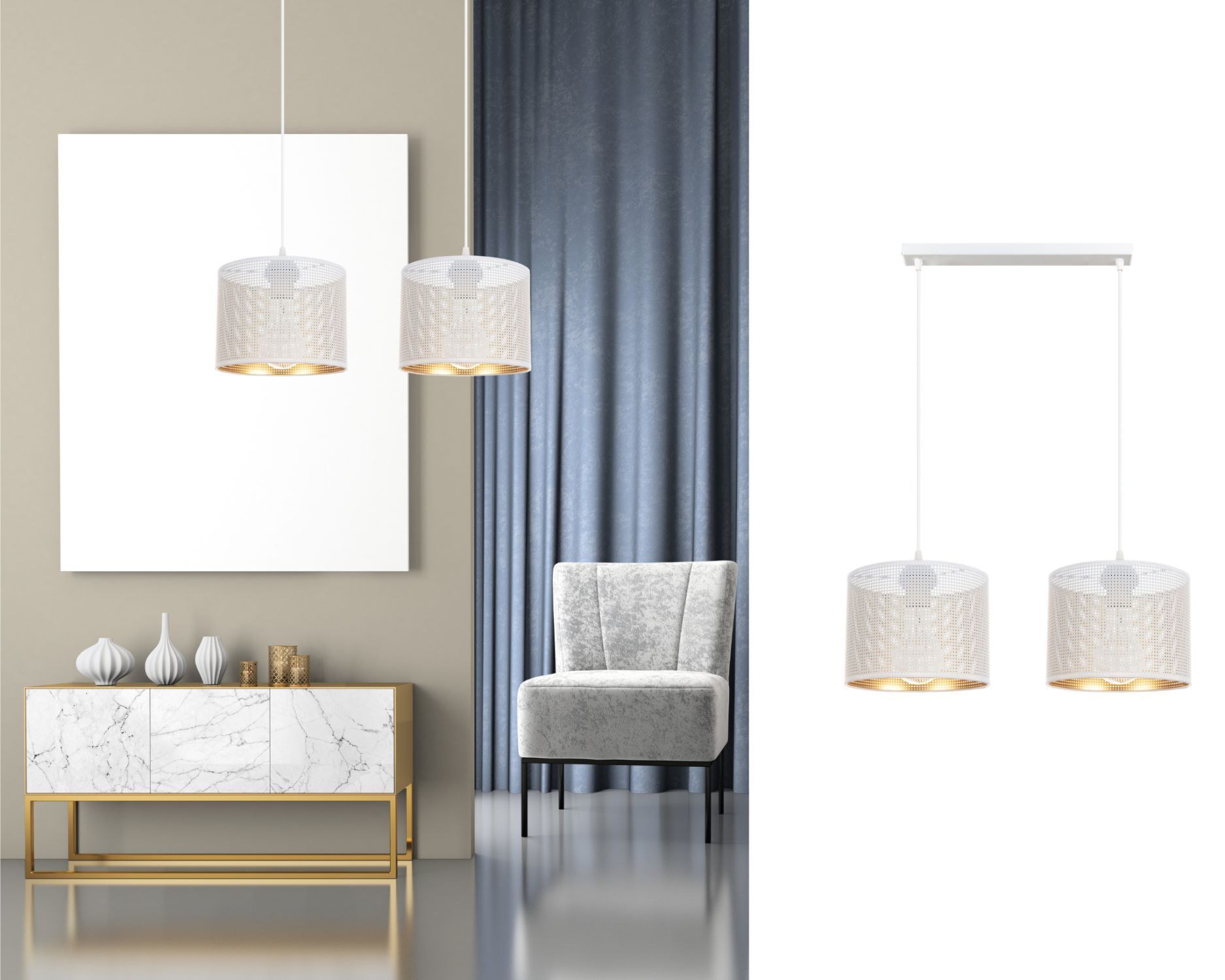 Pendelleuchte Metall Weiß Gold E27 2-flmg 50 cm lang
