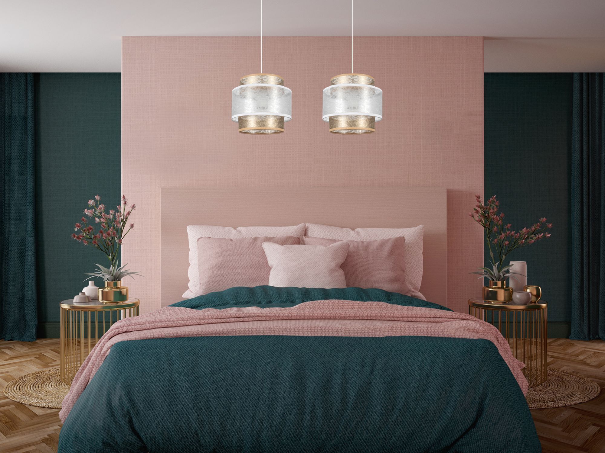 Lange Hängeleuchte Stoff Weiß Gold 48 cm E27 blendarm Drinnen, Innenarchitektur, Inneneinrichtung, Kissen, Mobiliar