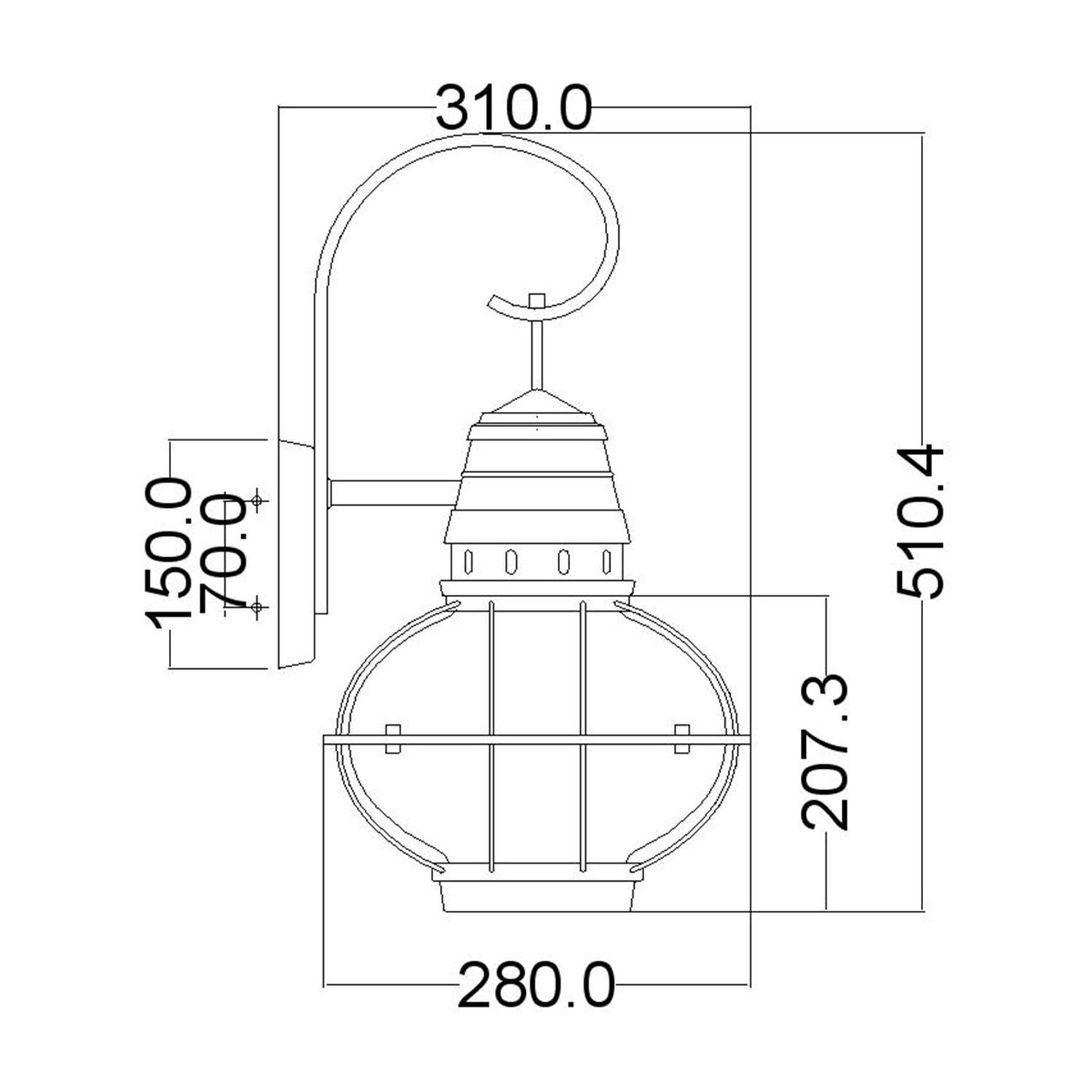 Außenwandlampe Kugelschirm Aluminium Glas 51 cm hoch IP44 Diagramm, Handlung, CAD-Diagramm
