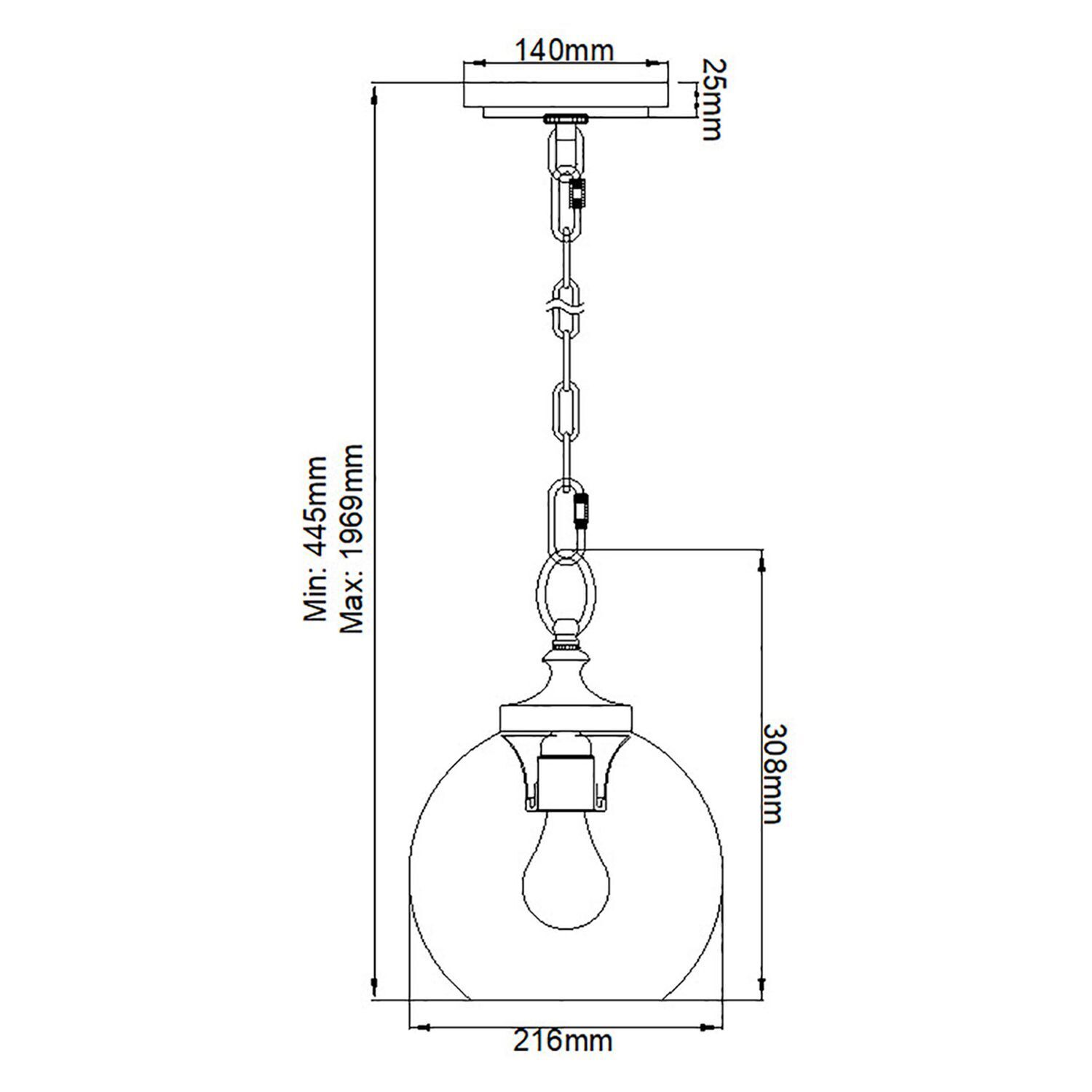 Hängelampe Metall Glas rund D: 21,6 cm H: max. 196,9 cm E27