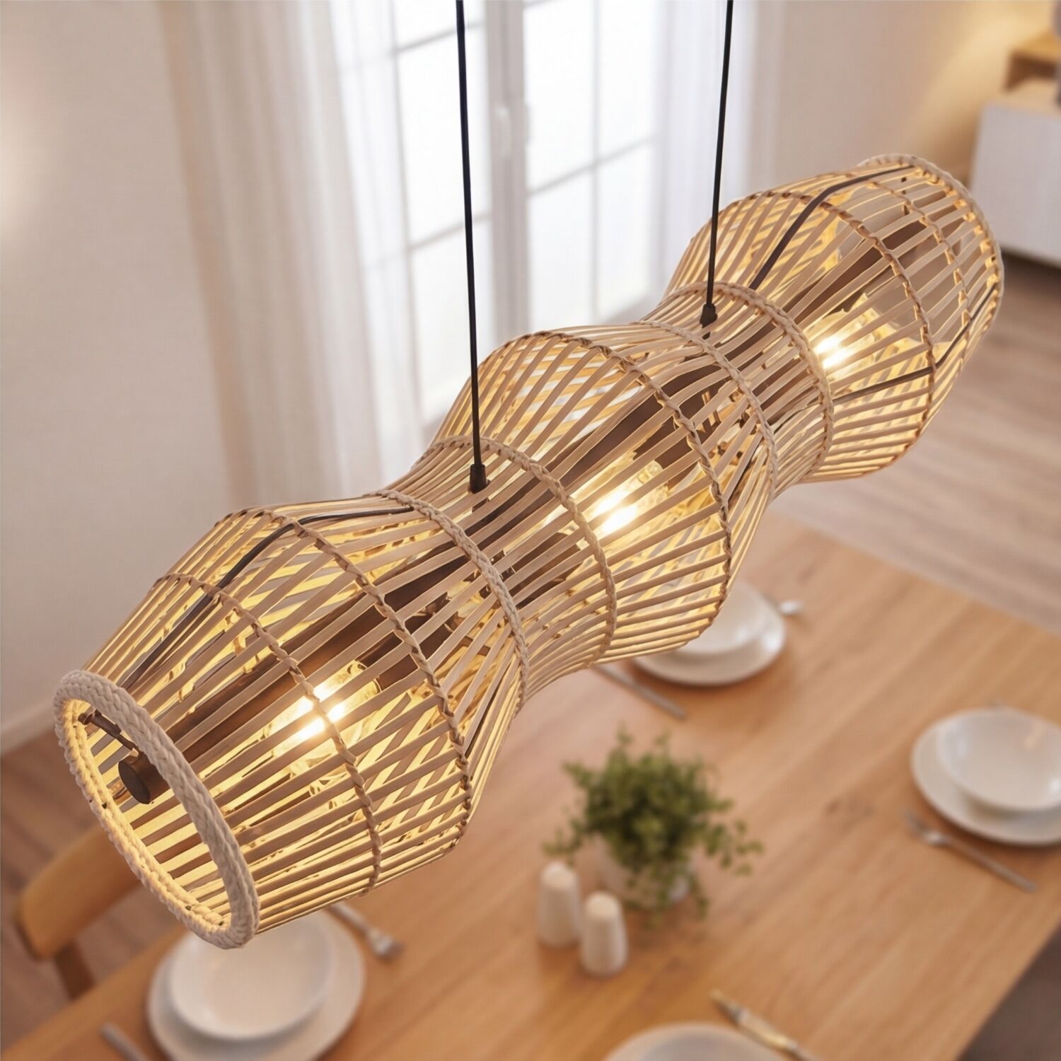Hängelampe Bambus Natur E27 80 cm 3-flmg Skandinavisch Hängeleuchte, Lampenschirm, Rattan, Kette, Wohnzimmer